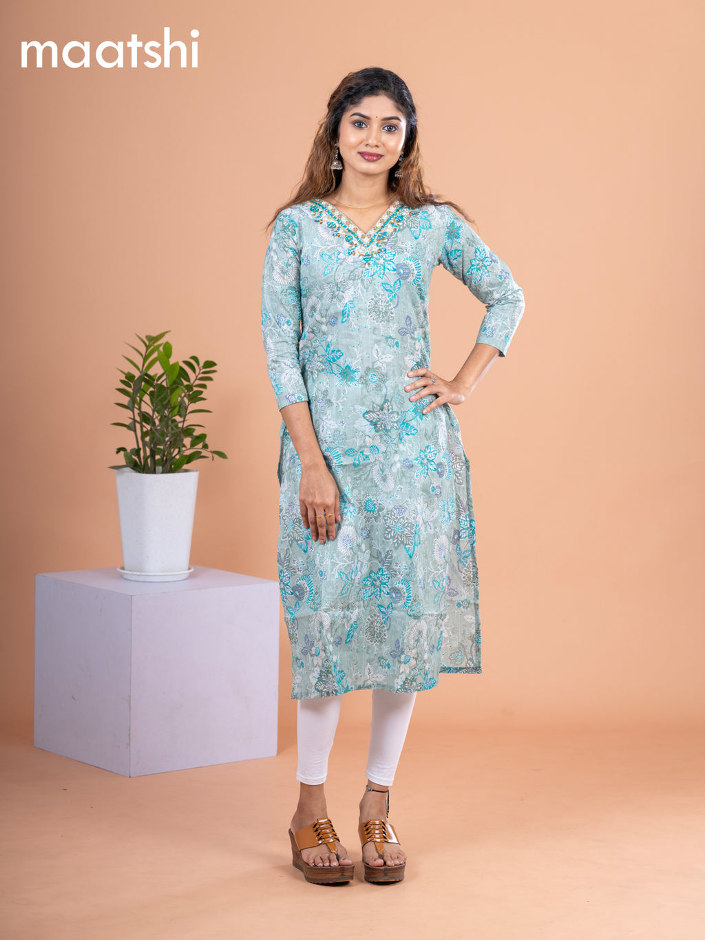 Cotton readymade kurti pastel green with allover floral prints & embroidery mirror work neck pattern without pant