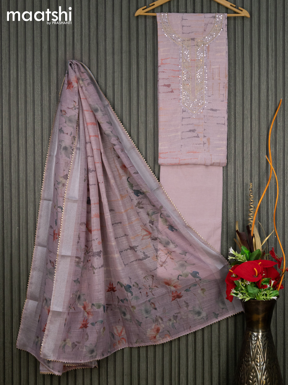 Linen cotton dress material pastel purple with allover prints & embroidery mirror work neck pattern and bottom & linen dupatta