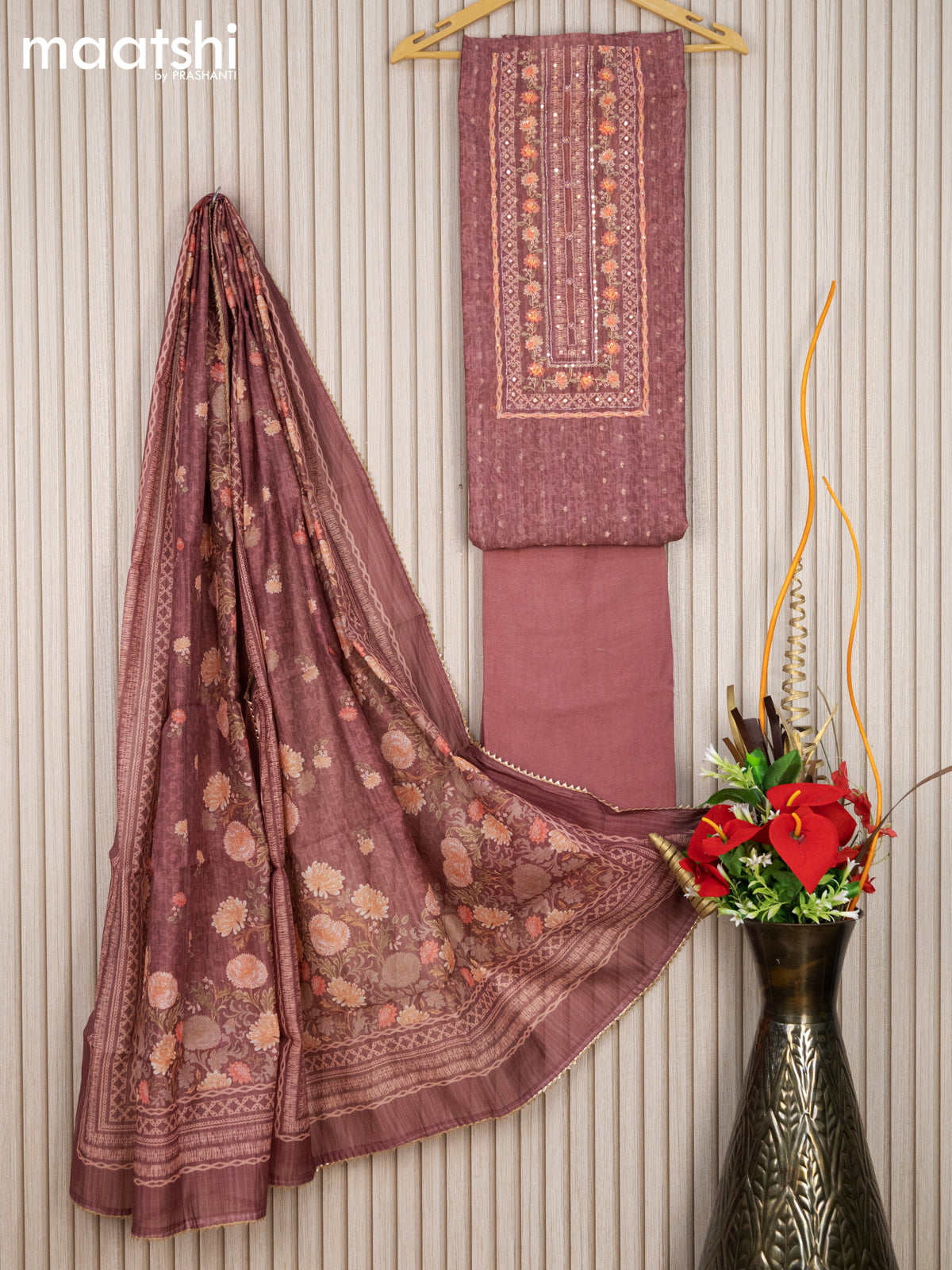 Light cardamom green designer printed slub silk cotton unstitched salwar material, zari buttas on front(thin fabric, lining needed)rich daman, matching santoon bottom, floral printed slub silk cotton dupatta with rich pallu. CODE SP240415 main image 0