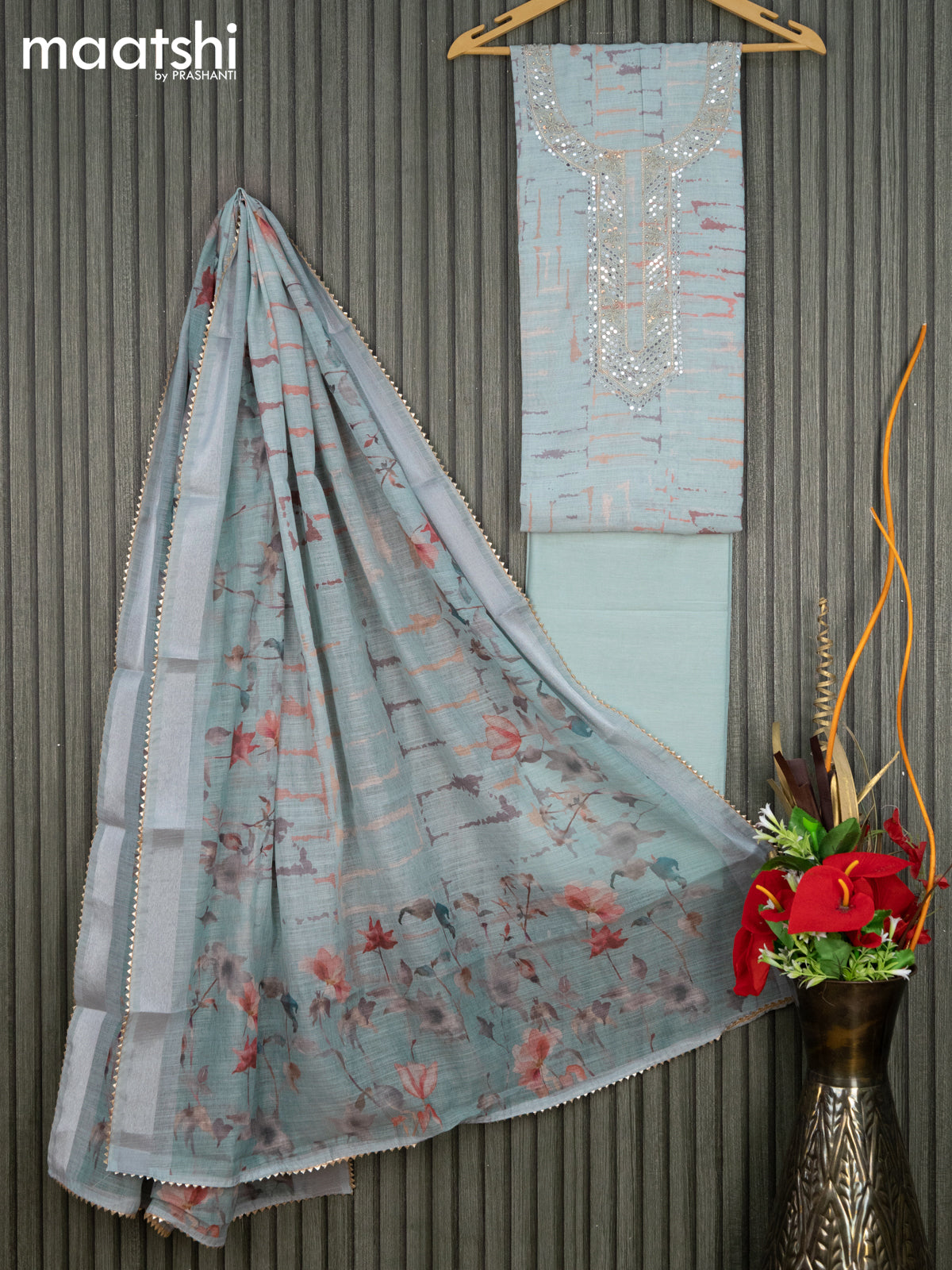 Linen cotton dress material pastel blue with allover prints & embroidery mirror work neck pattern and bottom & linen dupatta