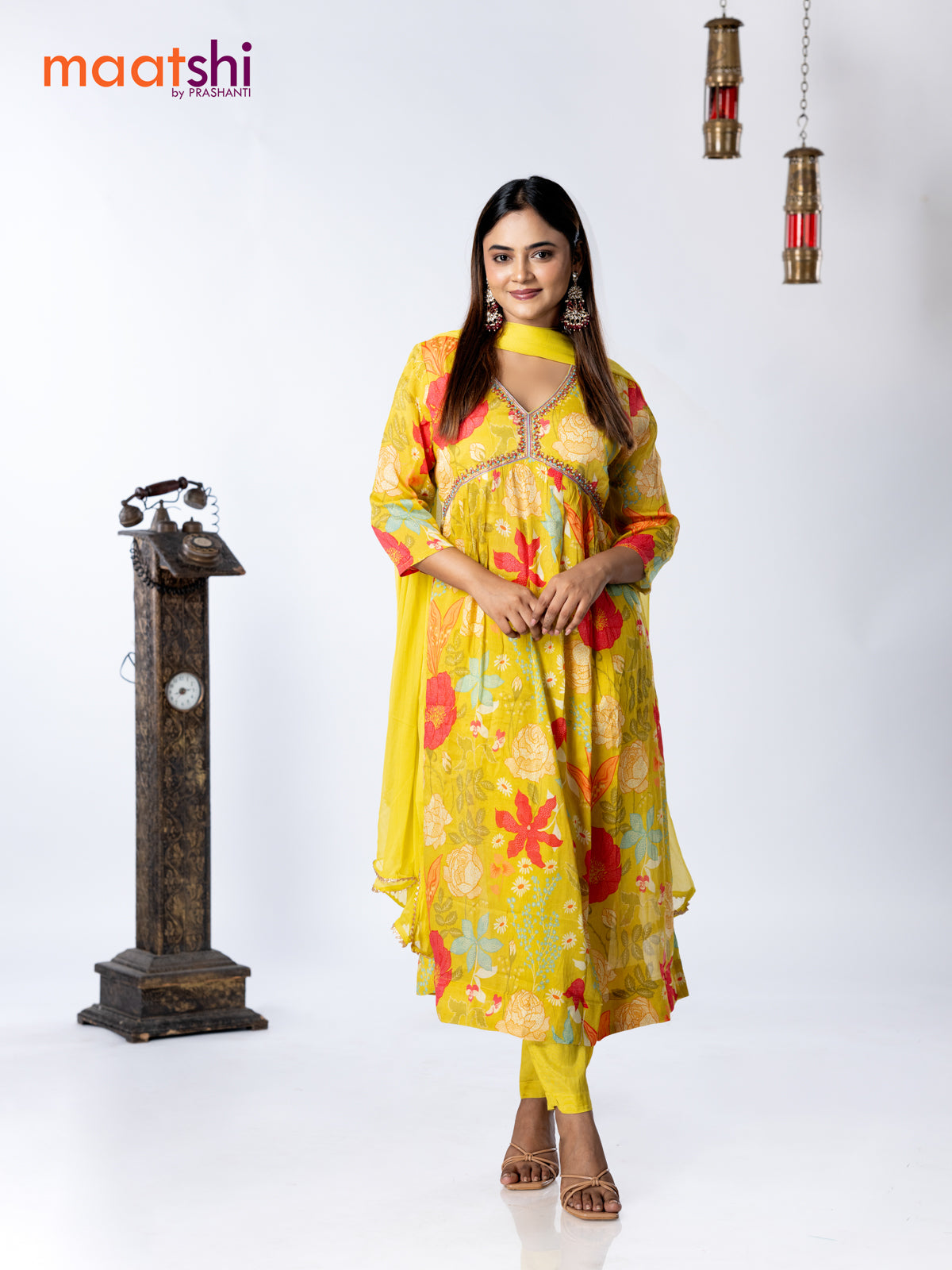 Muslin readymade alia cut salwar suit lime green with allover floral prints & embroidery beaded work neck pattern and straight cut pant & chiffon dupatta