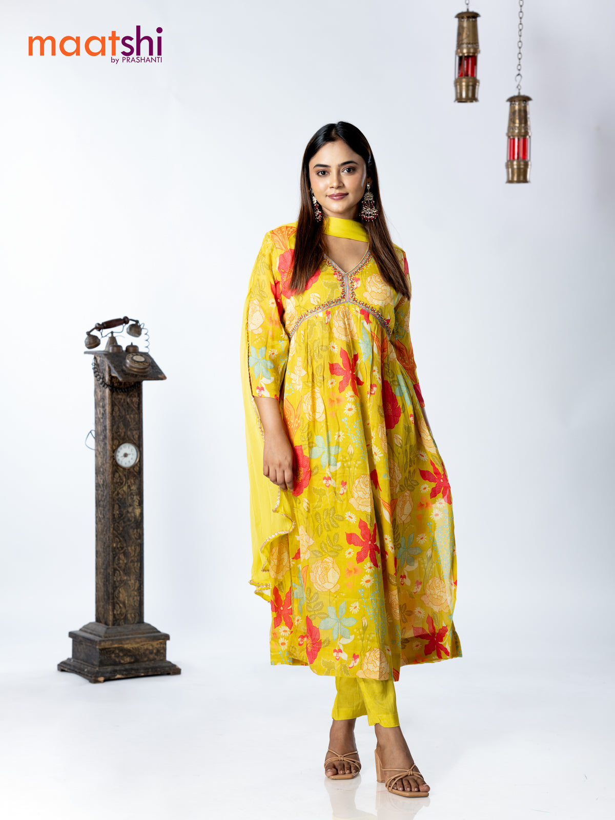Muslin readymade alia cut salwar suit lime green with allover floral prints & embroidery beaded work neck pattern and straight cut pant & chiffon dupatta