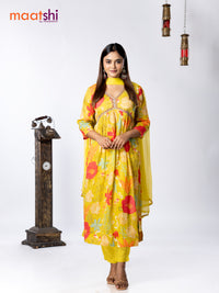 Muslin readymade alia cut salwar suit lime green with allover floral prints & embroidery beaded work neck pattern and straight cut pant & chiffon dupatta