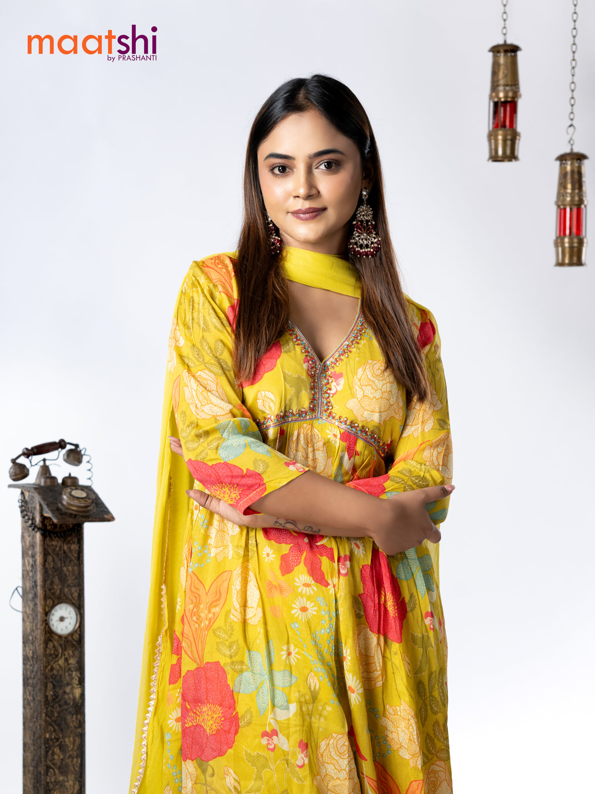 Muslin readymade alia cut salwar suit lime green with allover floral prints & embroidery beaded work neck pattern and straight cut pant & chiffon dupatta