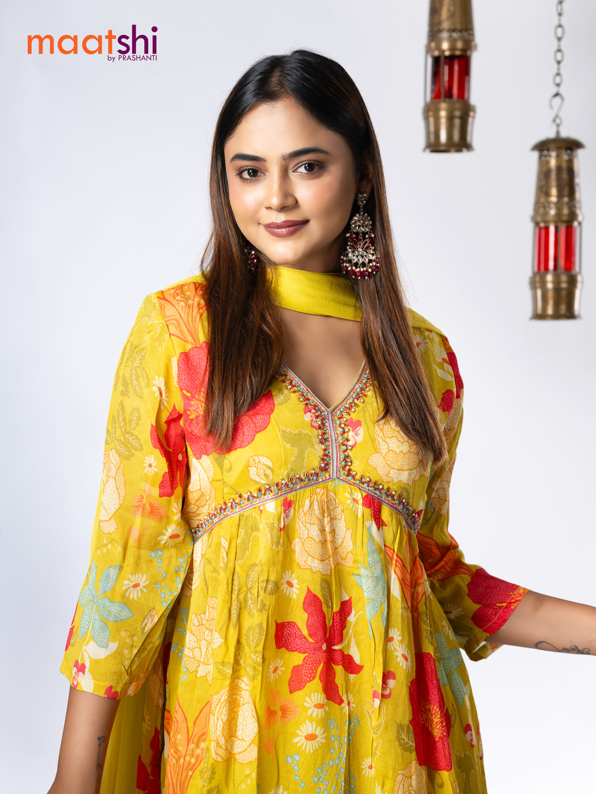 Muslin readymade alia cut salwar suit lime green with allover floral prints & embroidery beaded work neck pattern and straight cut pant & chiffon dupatta