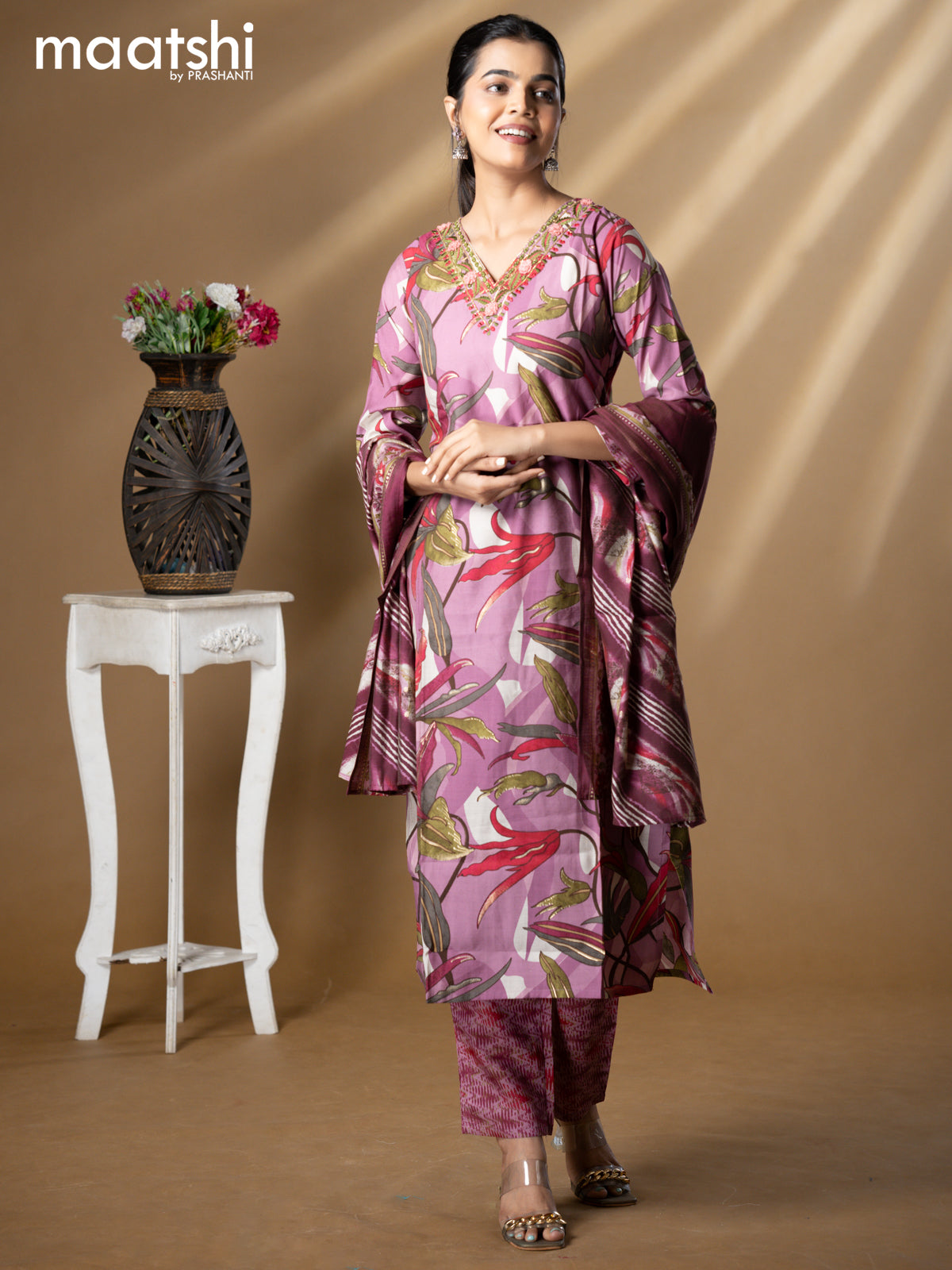 Floral prints readymade salwar suit purple and multi color with embroidery mirror work v neck pattern and straight cut pant & modal dupatta