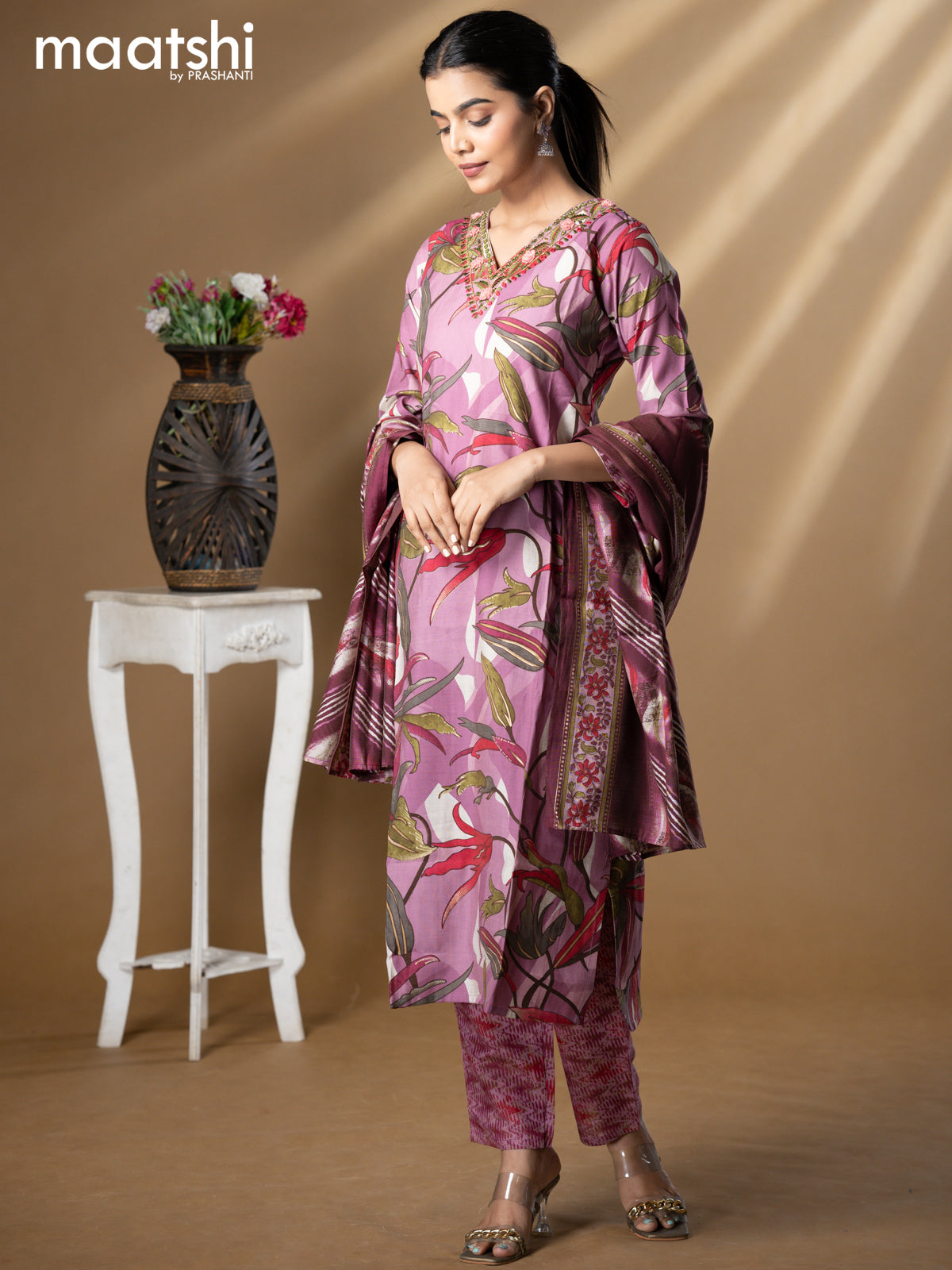 Floral prints readymade salwar suit purple and multi color with embroidery mirror work v neck pattern and straight cut pant & modal dupatta