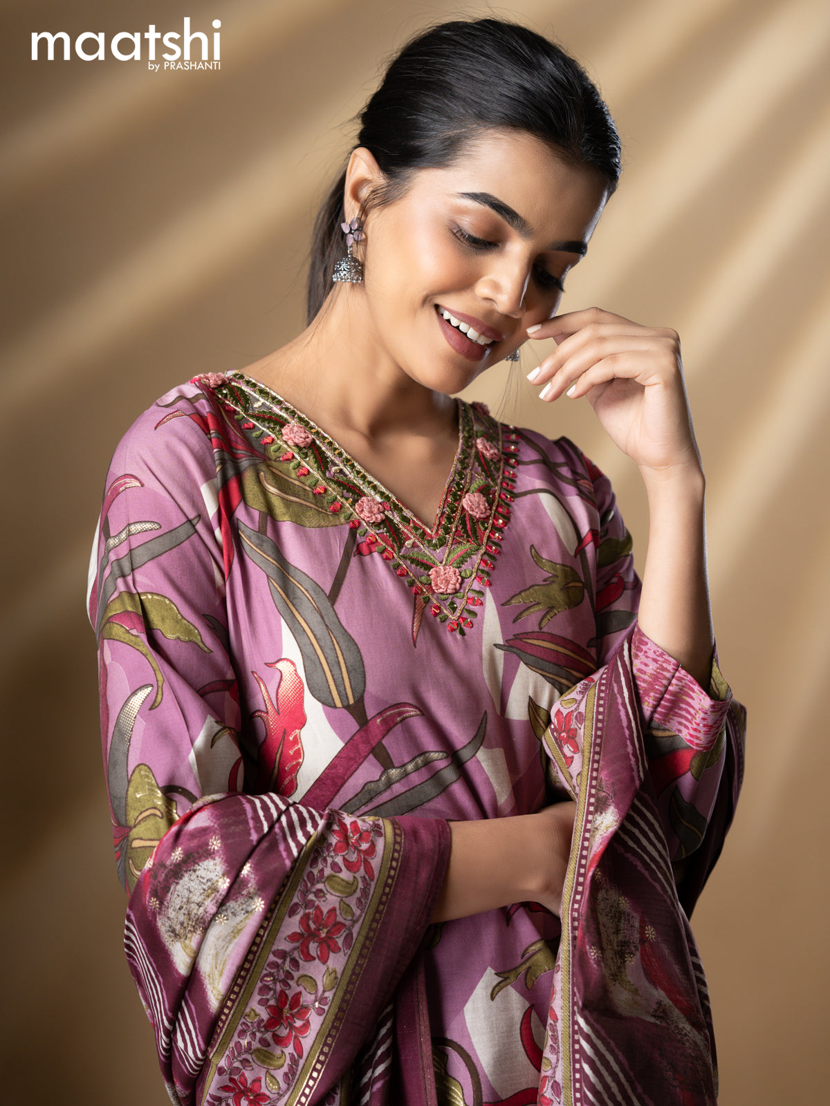 Floral prints readymade salwar suit purple and multi color with embroidery mirror work v neck pattern and straight cut pant & modal dupatta