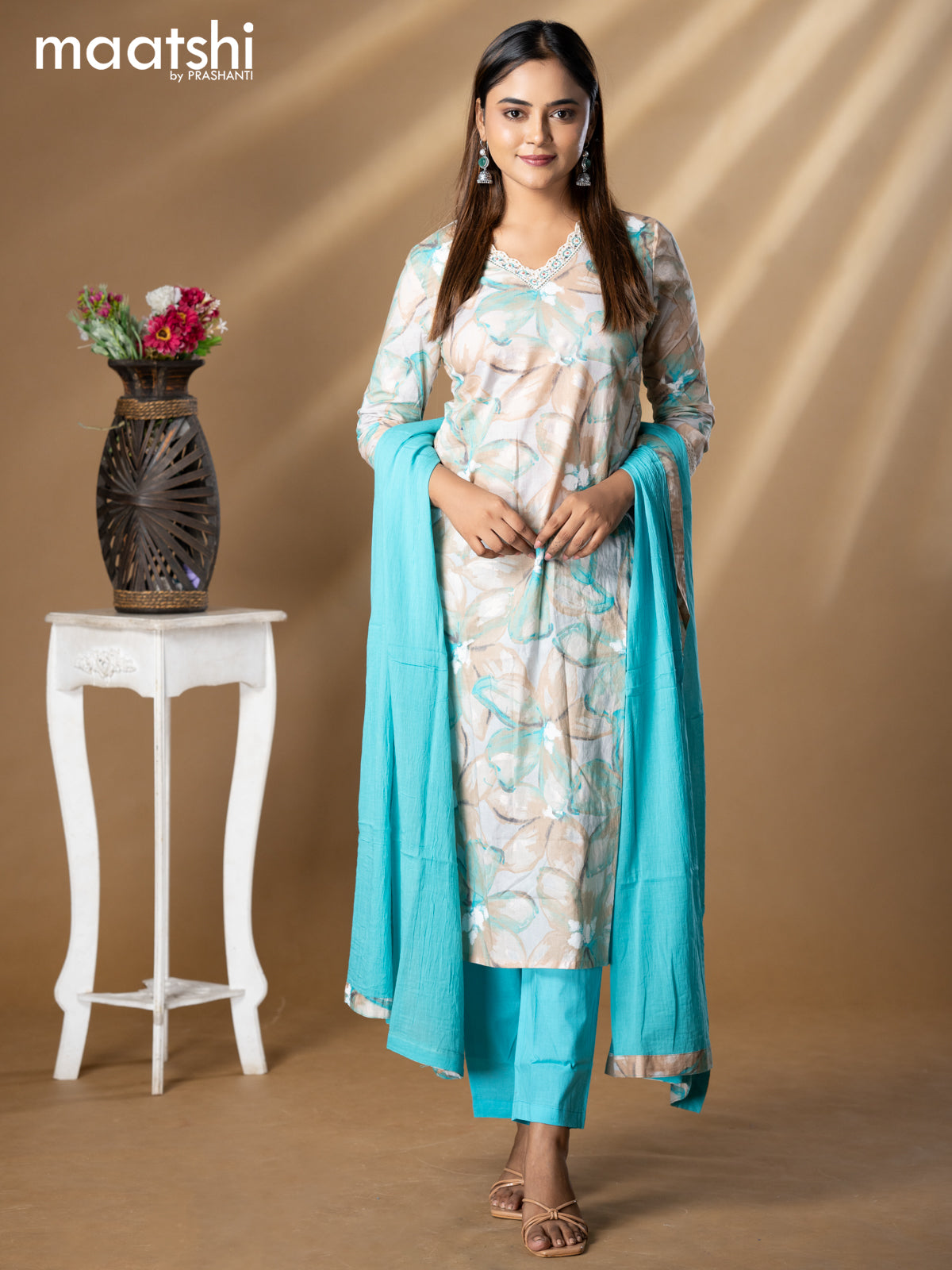Floral prints readymade salwar suit grey shade and light blue with beaded work v neck pattern and straight cut pant & dupatta