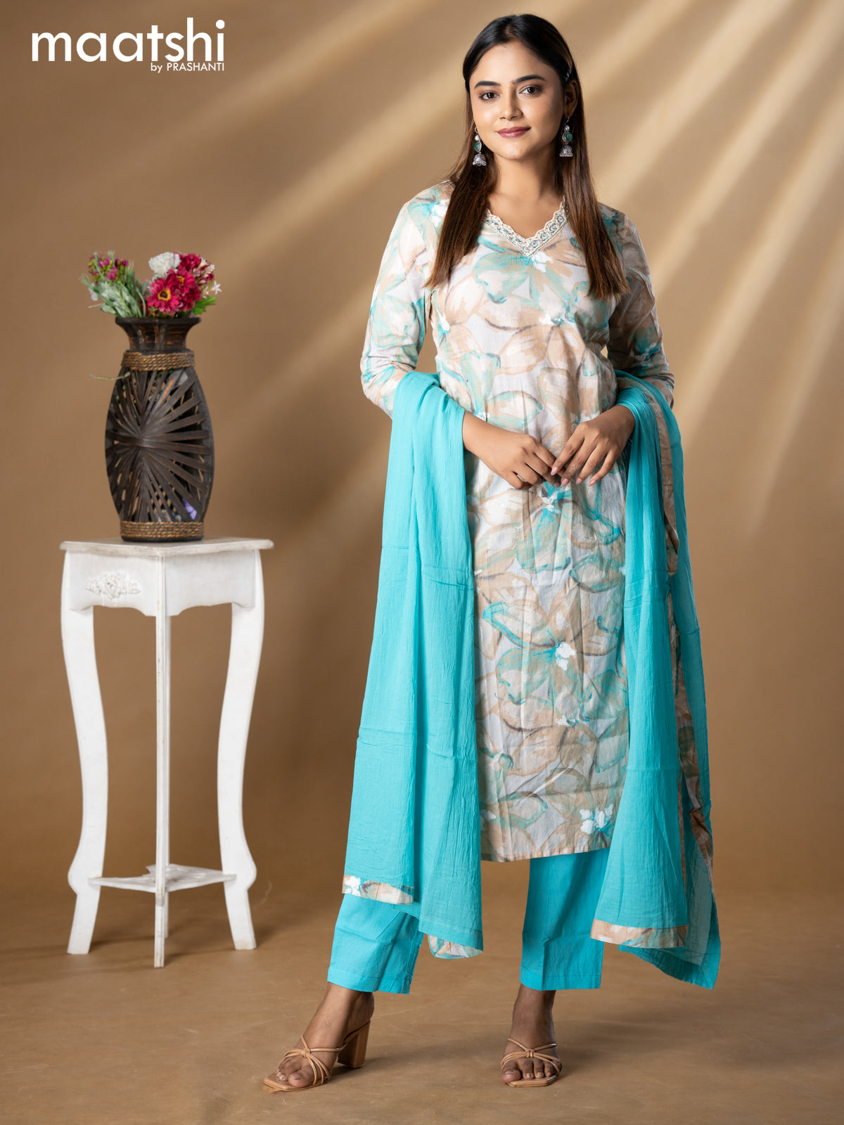 Floral prints readymade salwar suit grey shade and light blue with beaded work v neck pattern and straight cut pant & dupatta