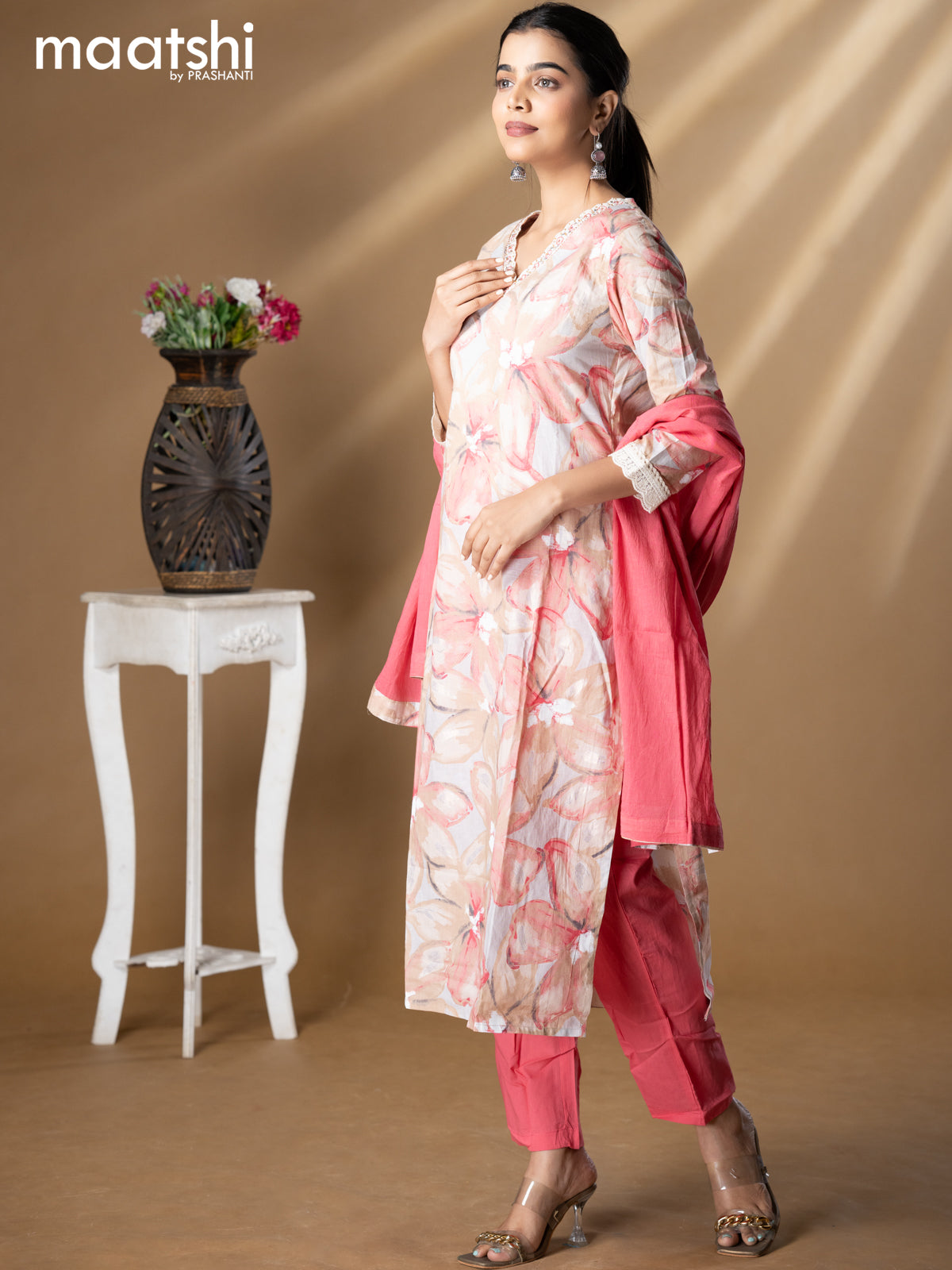 Floral prints readymade salwar suit grey shade and pink with beaded work v neck pattern and straight cut pant & dupatta