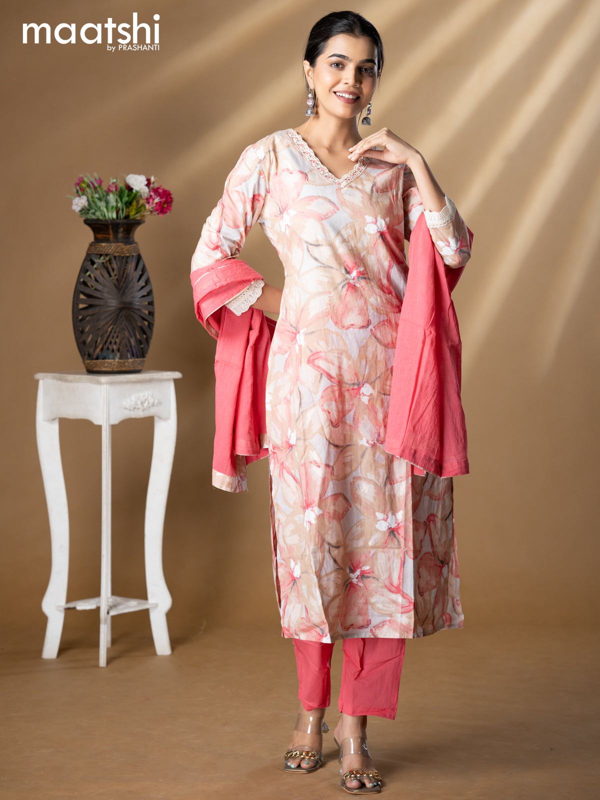 Floral prints readymade salwar suit grey shade and pink with beaded work v neck pattern and straight cut pant & dupatta