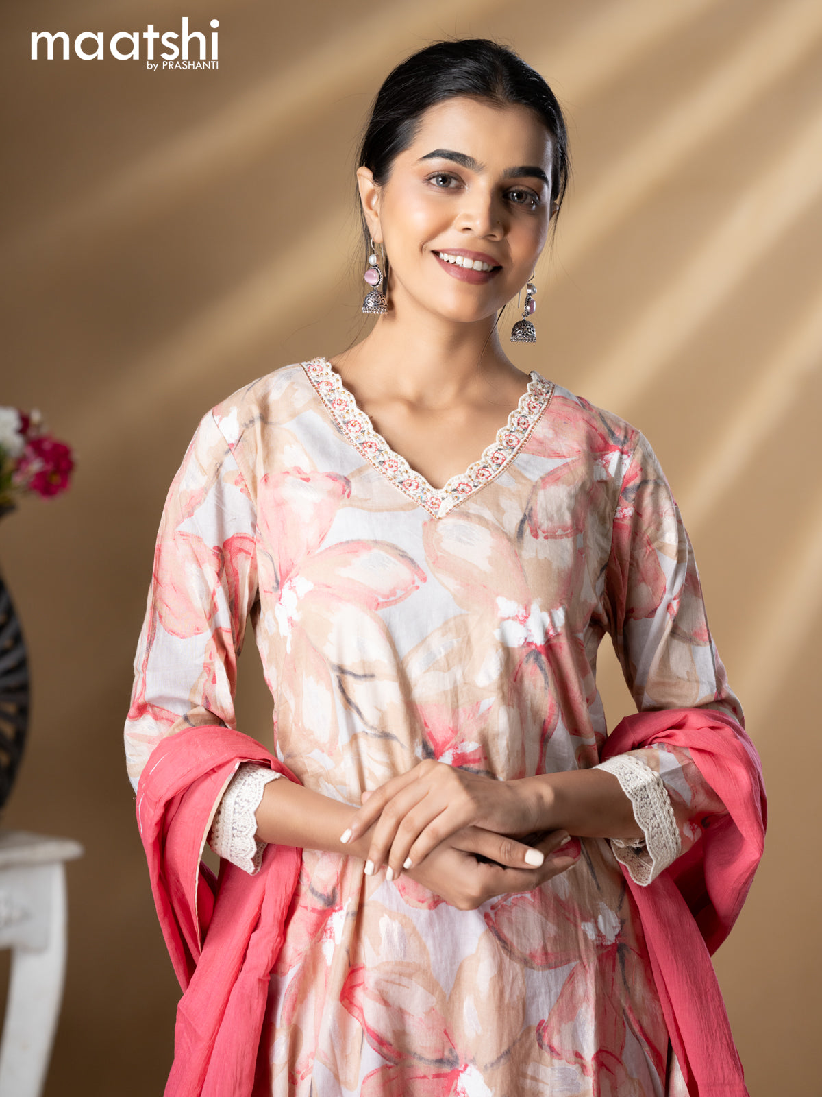 Floral prints readymade salwar suit grey shade and pink with beaded work v neck pattern and straight cut pant & dupatta