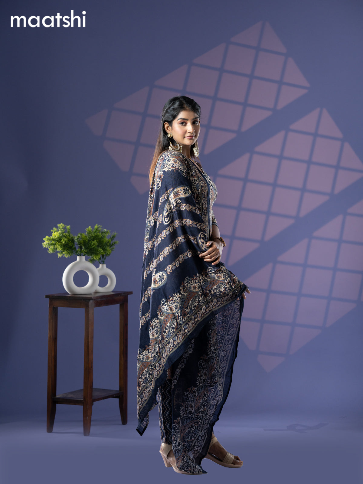 Cotton readymade salwar suit dark navy blue and cream with allover prints & embroidery mirror work v neck pattern and straight cut pant & dupatta