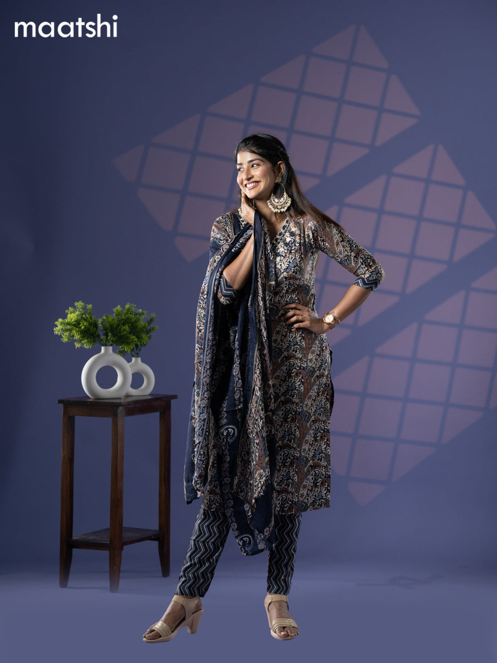 Cotton readymade salwar suit dark navy blue and cream with allover prints & embroidery mirror work v neck pattern and straight cut pant & dupatta