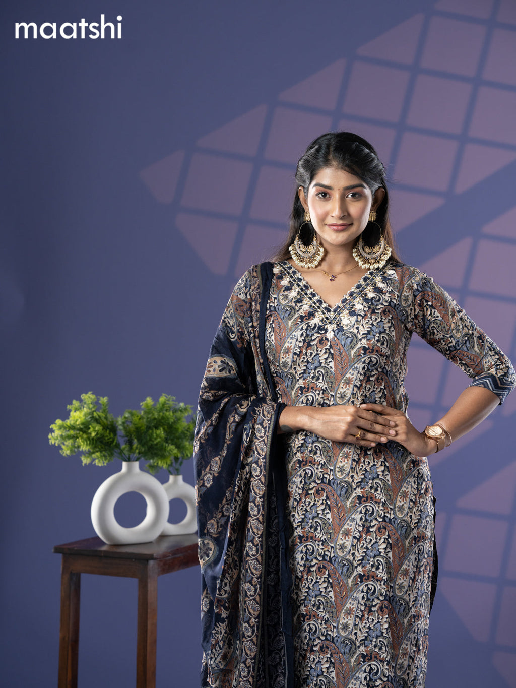 Cotton readymade salwar suit dark navy blue and cream with allover prints & embroidery mirror work v neck pattern and straight cut pant & dupatta
