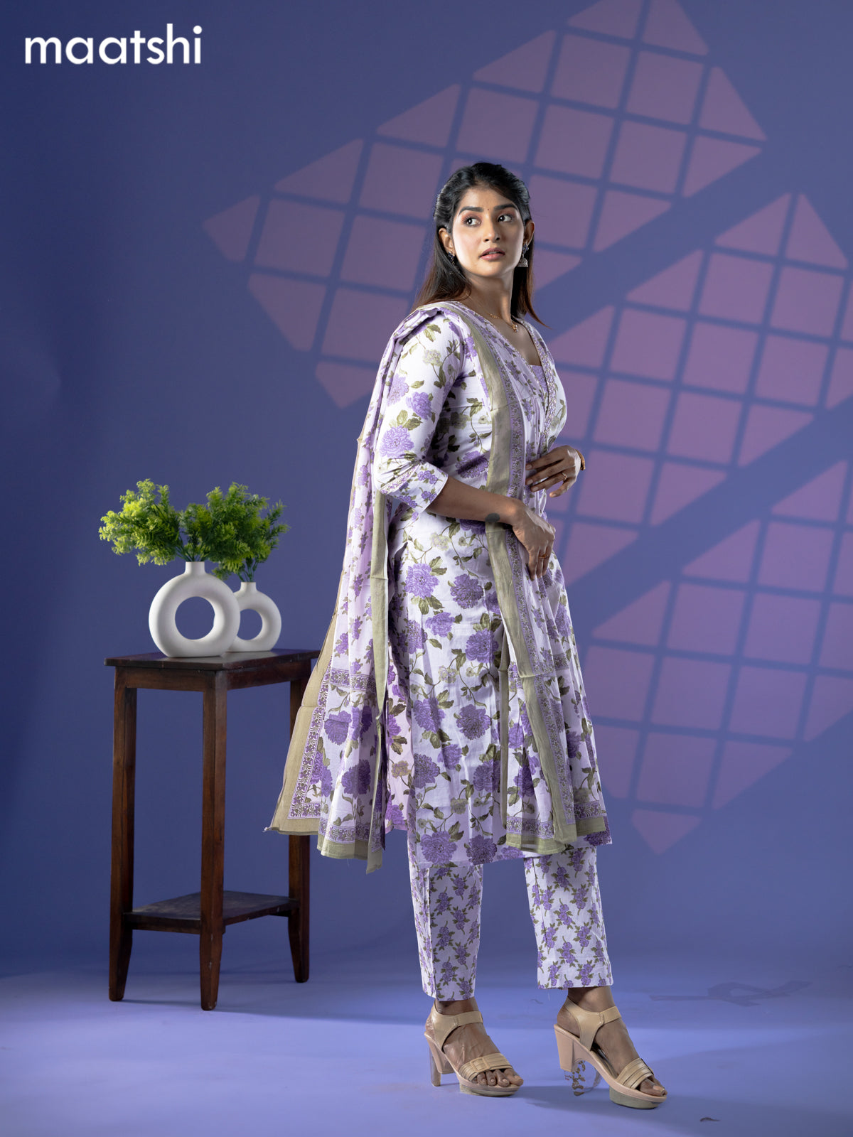 Cotton readymade salwar suit mild lavender with allover floral prints & embroidery mirror v work neck pattern and straight cut pant & dupatta