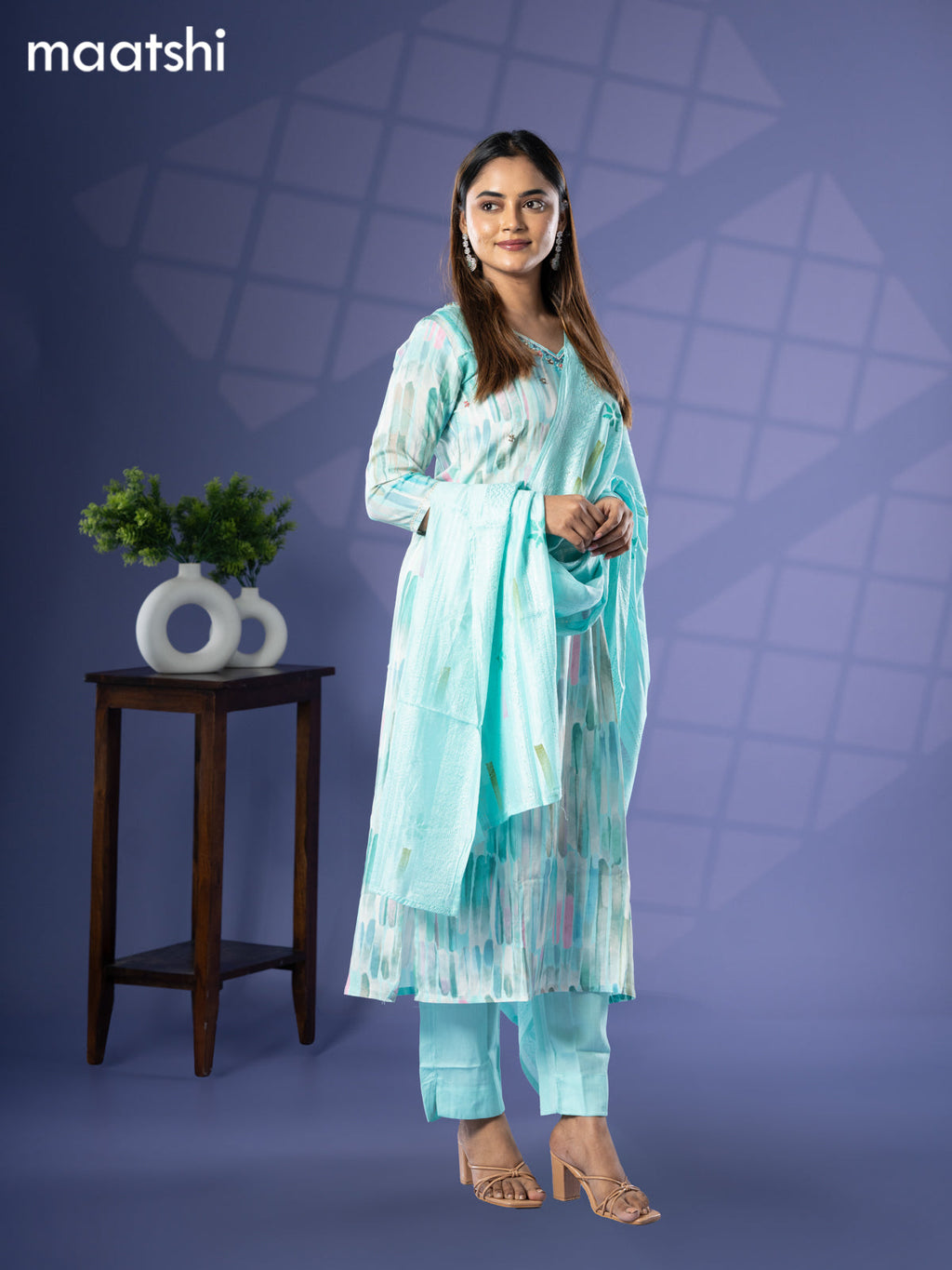 Cotton readymade salwar suit teal blue with prints & french knot sequin work v neck pattern and straight cut pant & chanderi sequin work dupatta