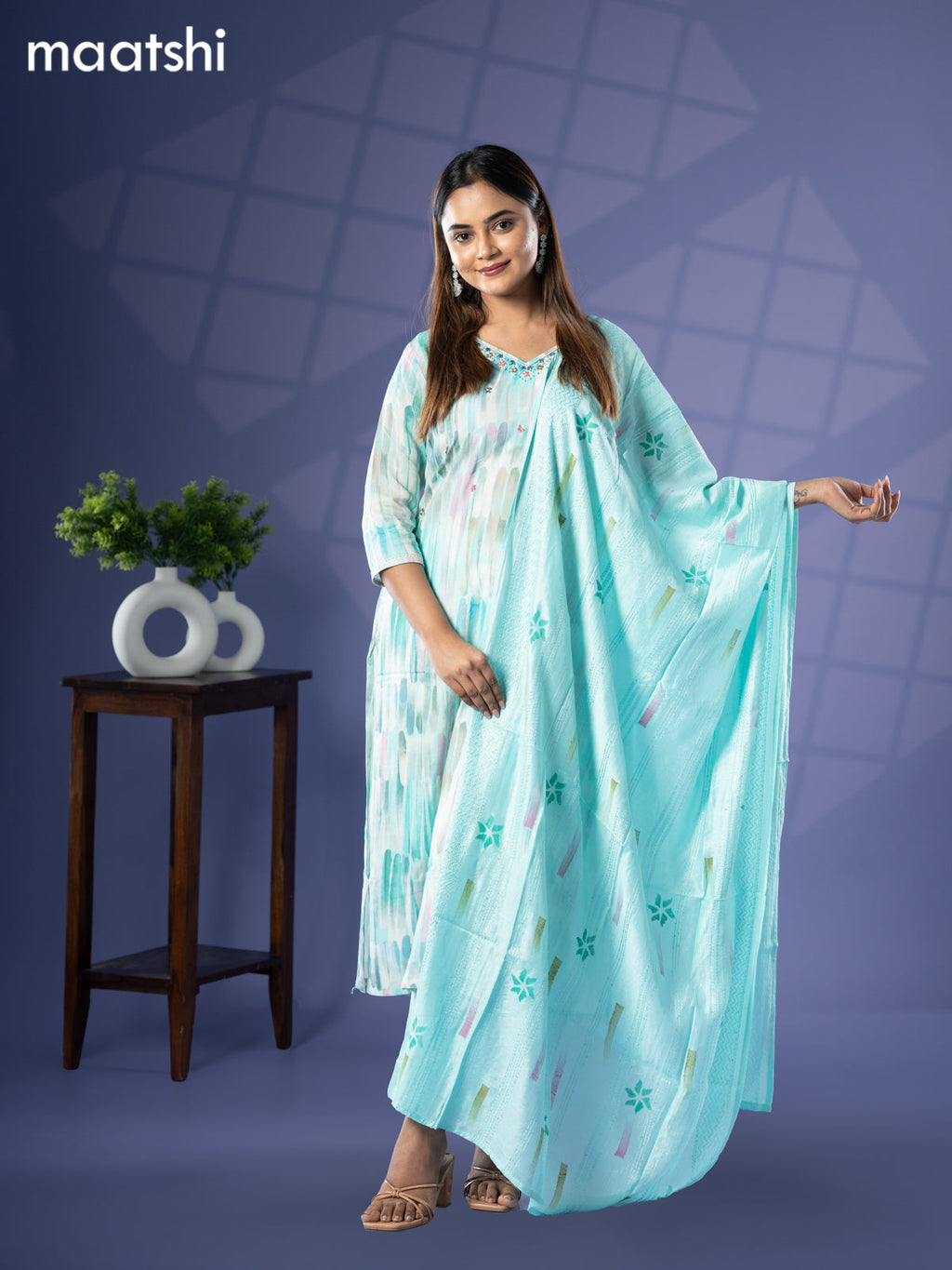 Cotton readymade salwar suit teal blue with prints & french knot sequin work v neck pattern and straight cut pant & chanderi sequin work dupatta