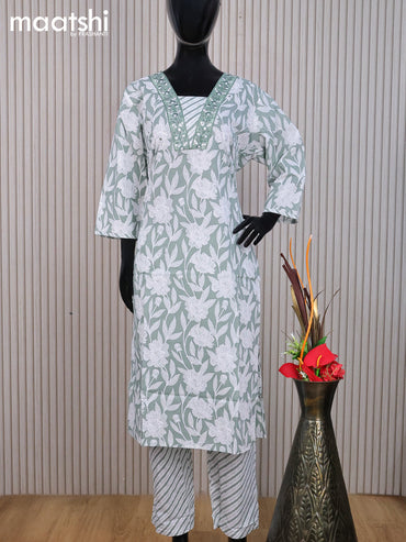 Cotton readymade salwar suit pastel green and off white with allover sequin work floral prints & embroidery work v neck pattern and straight cut pant & dupatta