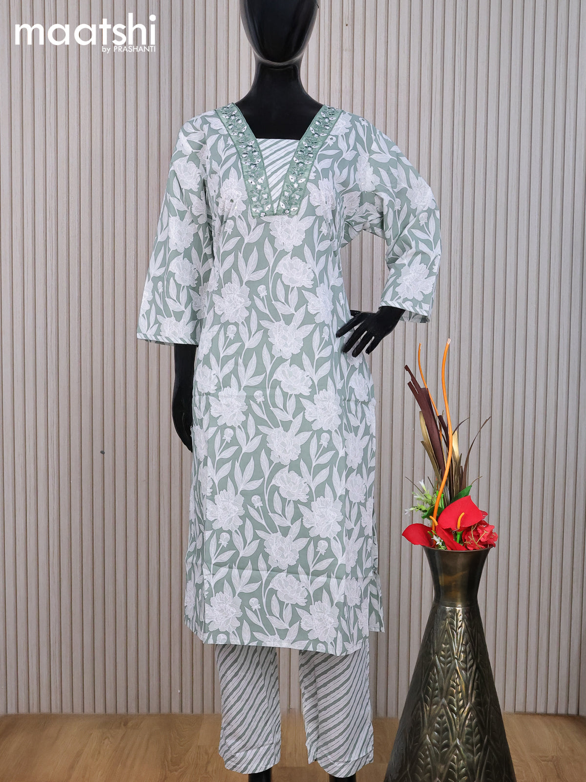 Cotton readymade salwar suit pastel green and off white with allover sequin work floral prints & embroidery work v neck pattern and straight cut pant & dupatta