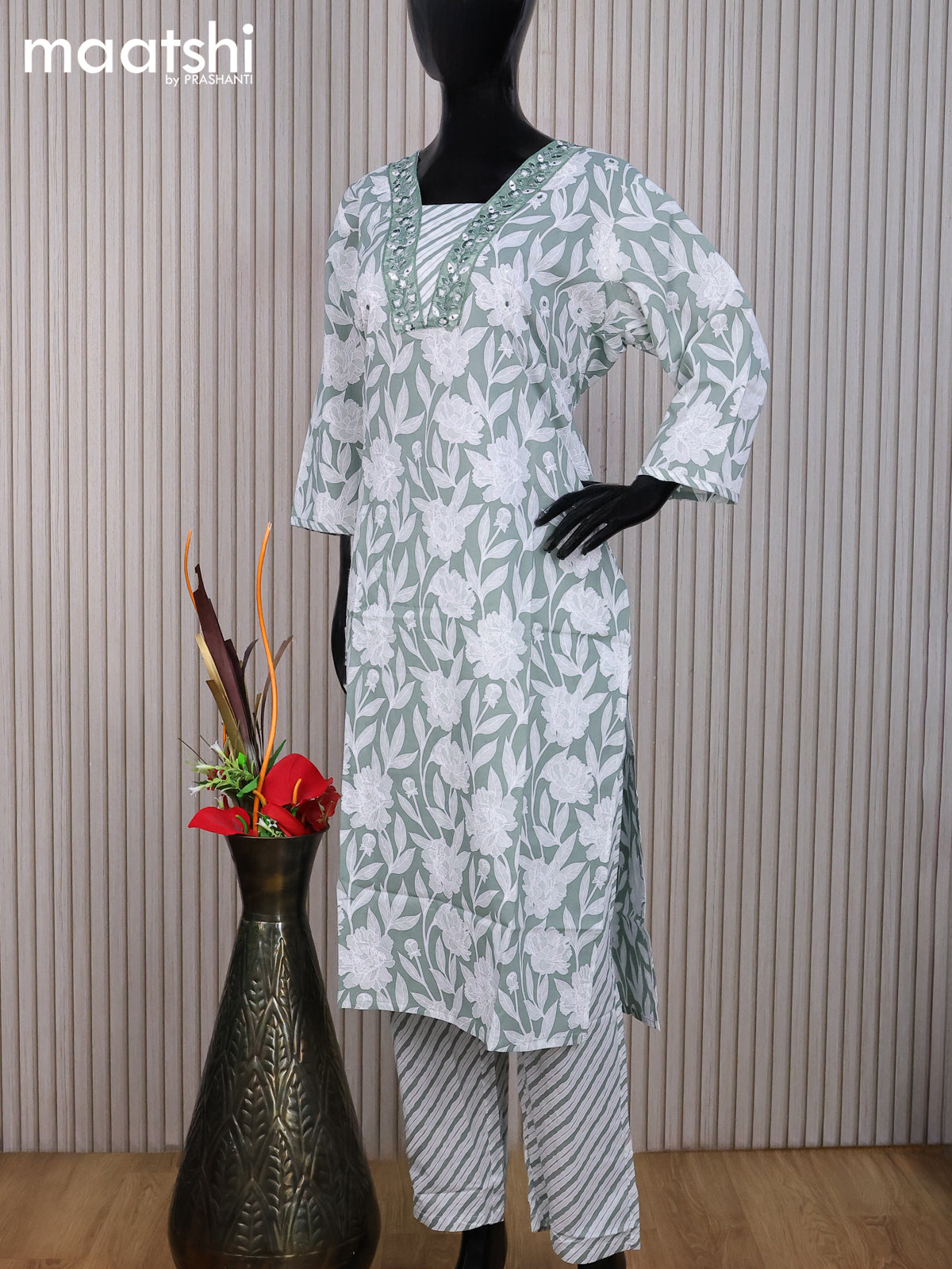 Cotton readymade salwar suit pastel green and off white with allover sequin work floral prints & embroidery work v neck pattern and straight cut pant & dupatta