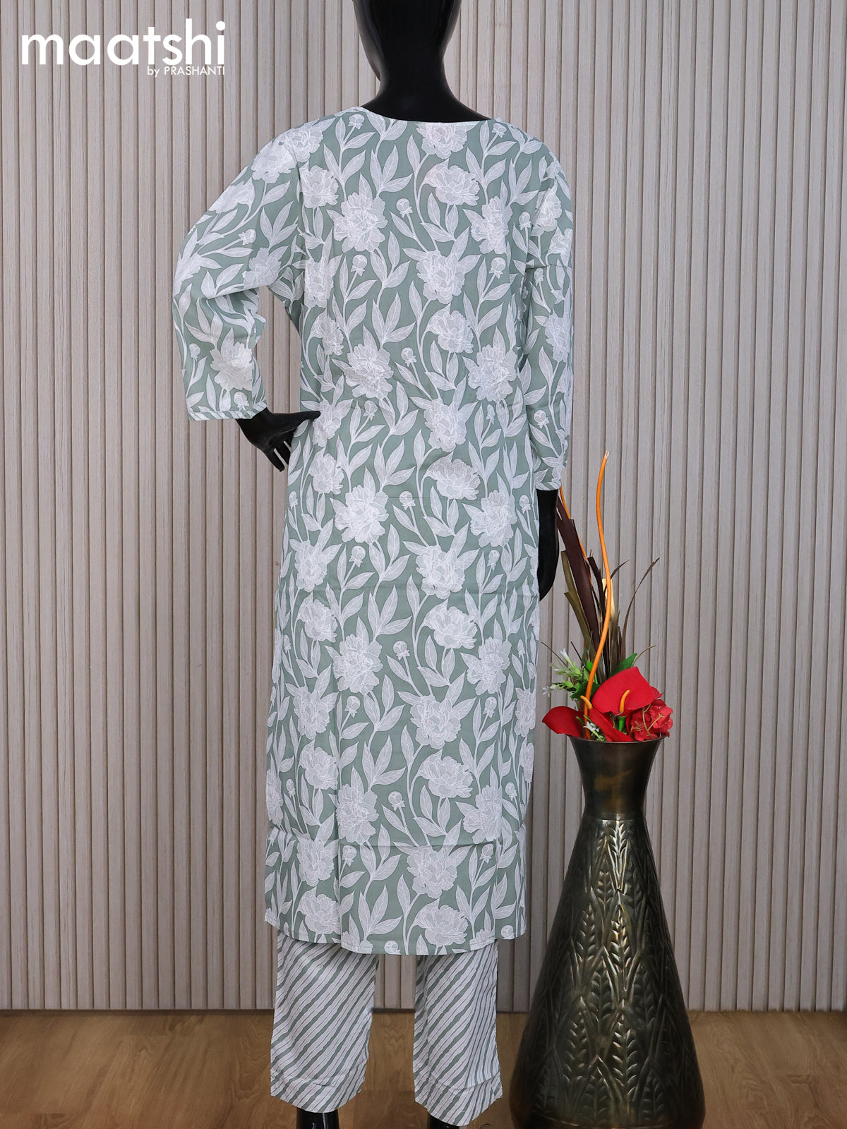 Cotton readymade salwar suit pastel green and off white with allover sequin work floral prints & embroidery work v neck pattern and straight cut pant & dupatta