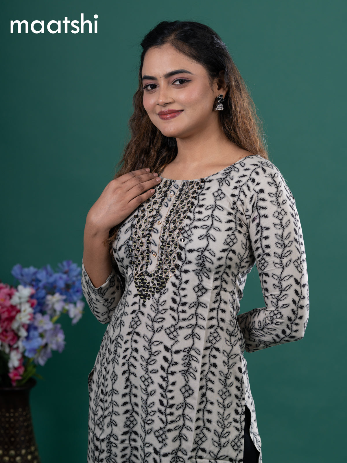 Cotton readymade kurti beige and black with allover prints & embroidery mirror work neck pattern without pant