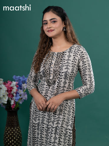 Cotton readymade kurti beige and black with allover prints & embroidery mirror work neck pattern without pant