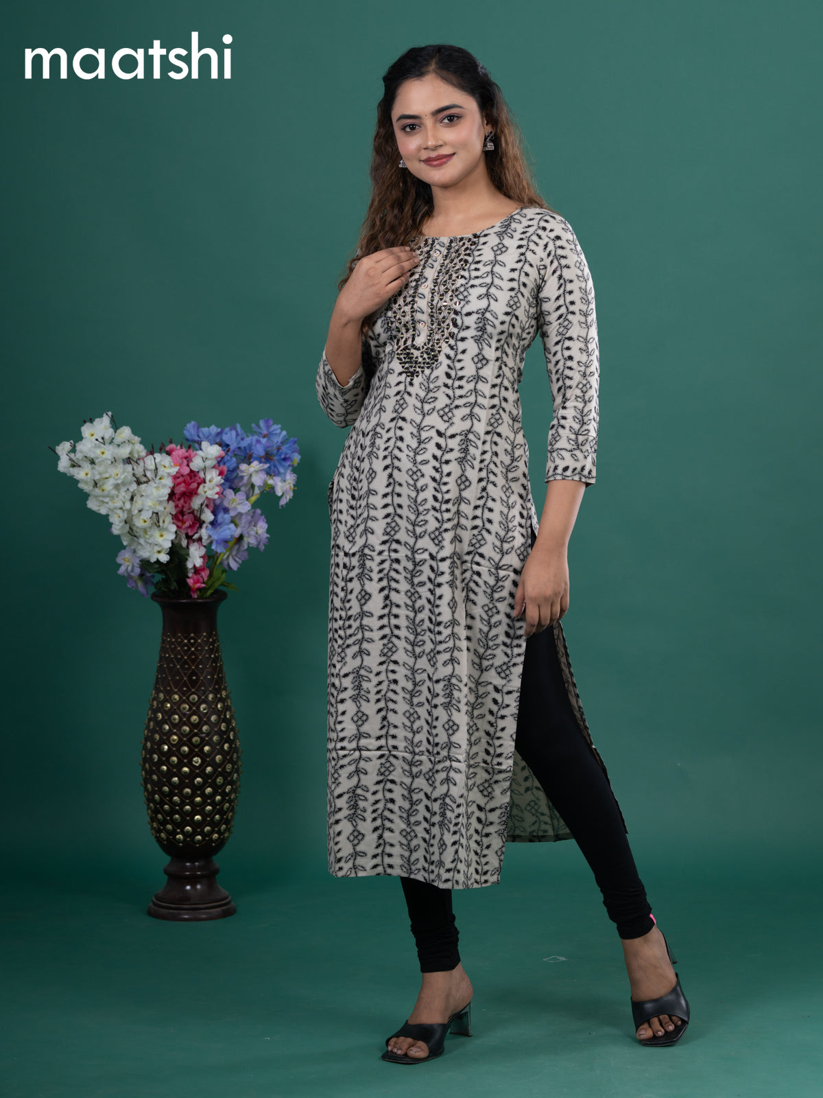 Cotton readymade kurti beige and black with allover prints & embroidery mirror work neck pattern without pant