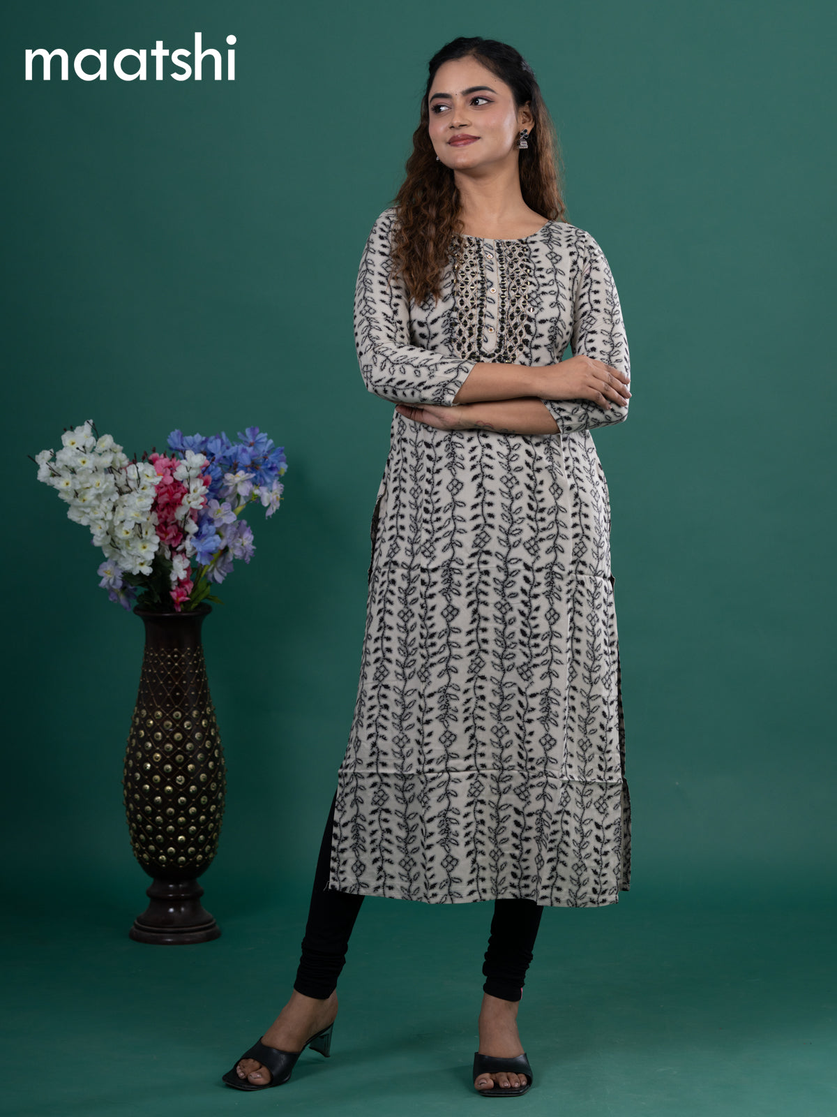 Cotton readymade kurti beige and black with allover prints & embroidery mirror work neck pattern without pant
