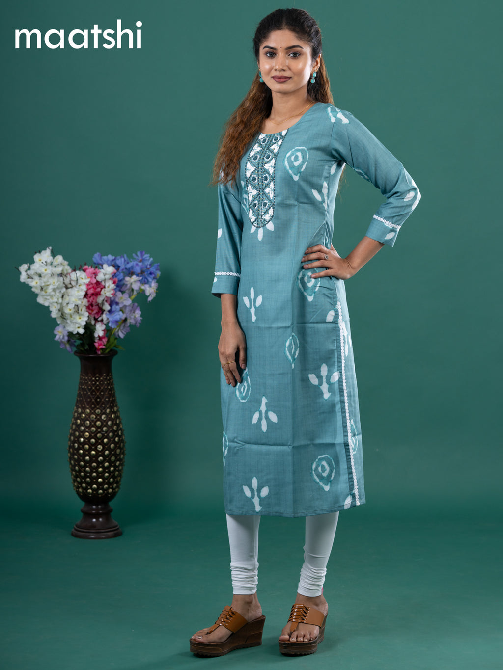 Cotton readymade kurti teal green shade with batik prints & embroidery mirror work neck pattern without pant