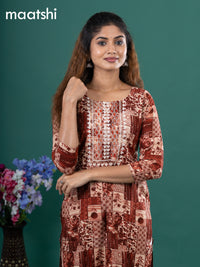 Cotton readymade kurti rust shade and beige with allover prints & embroidery mirror work neck pattern without pant