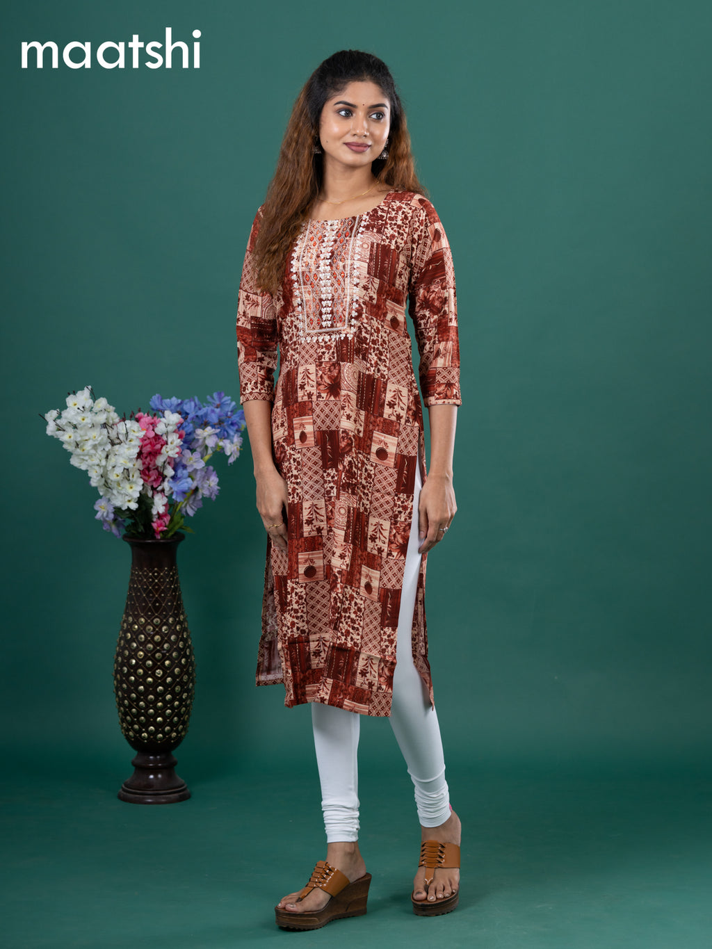 Cotton readymade kurti rust shade and beige with allover prints & embroidery mirror work neck pattern without pant