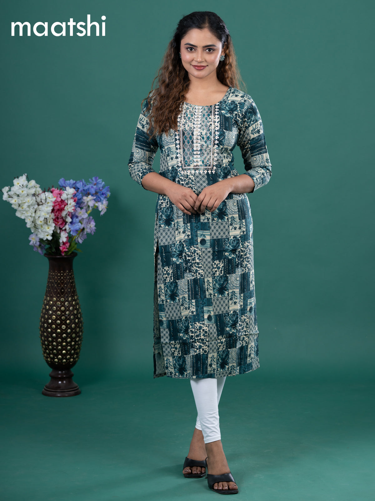 Cotton readymade kurti peacock green and beige with allover prints & embroidery mirror work neck pattern without pant