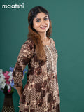 Cotton readymade kurti brown and beige with allover prints & embroidery mirror work neck pattern without pant