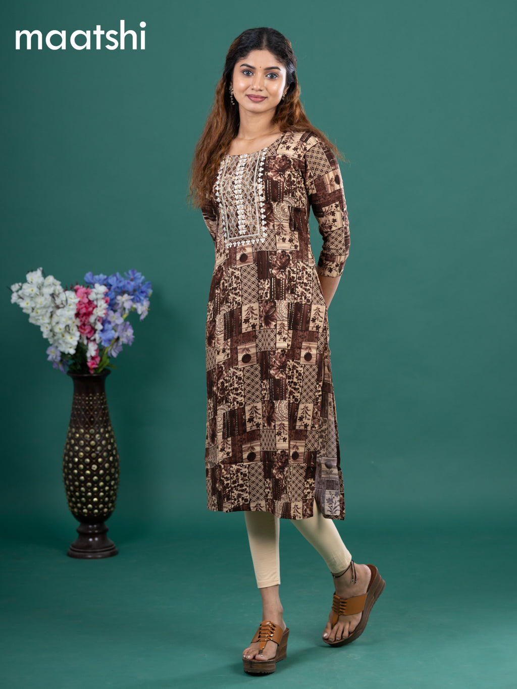 Cotton readymade kurti brown and beige with allover prints & embroidery mirror work neck pattern without pant