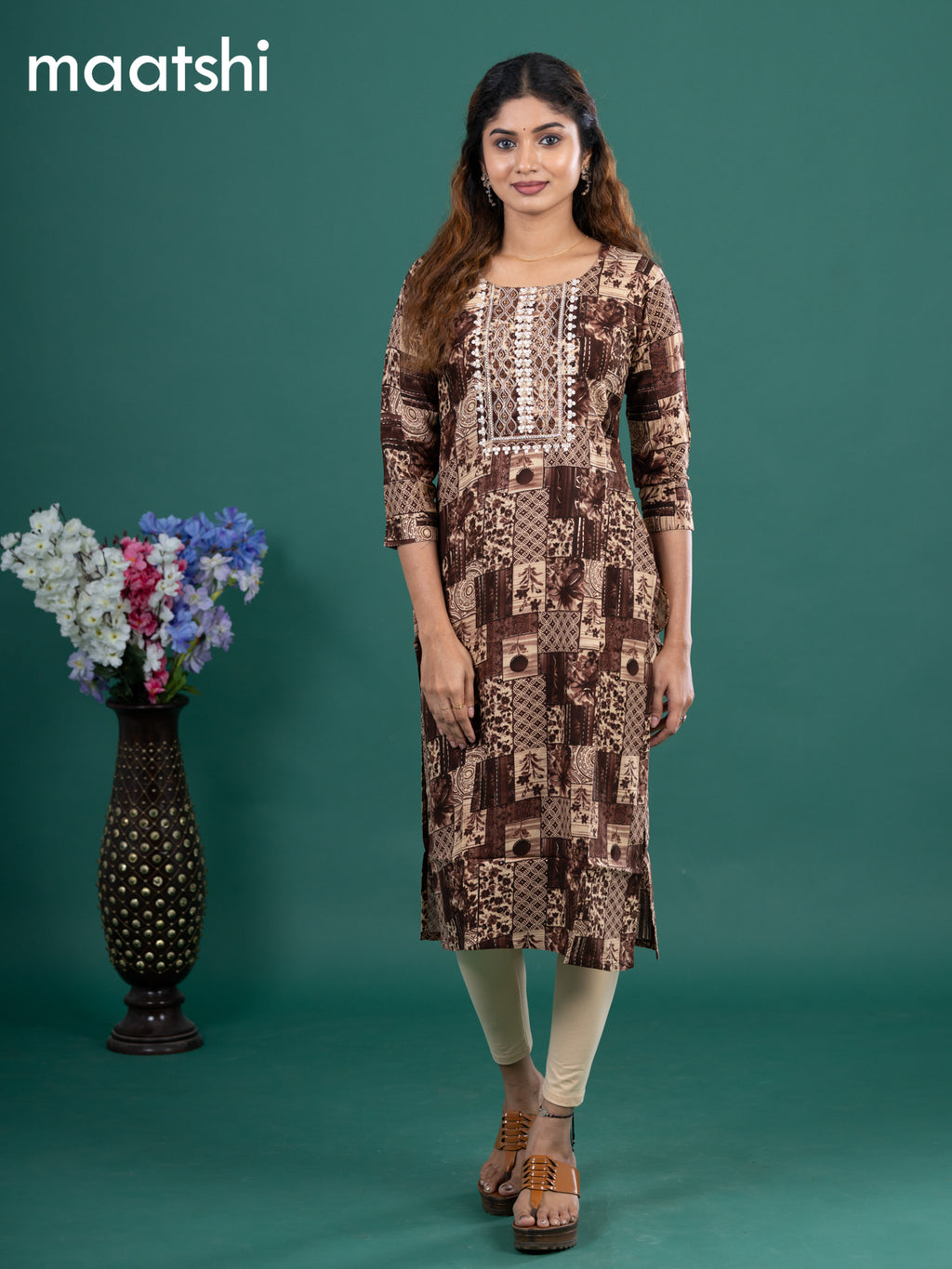 Cotton readymade kurti brown and beige with allover prints & embroidery mirror work neck pattern without pant