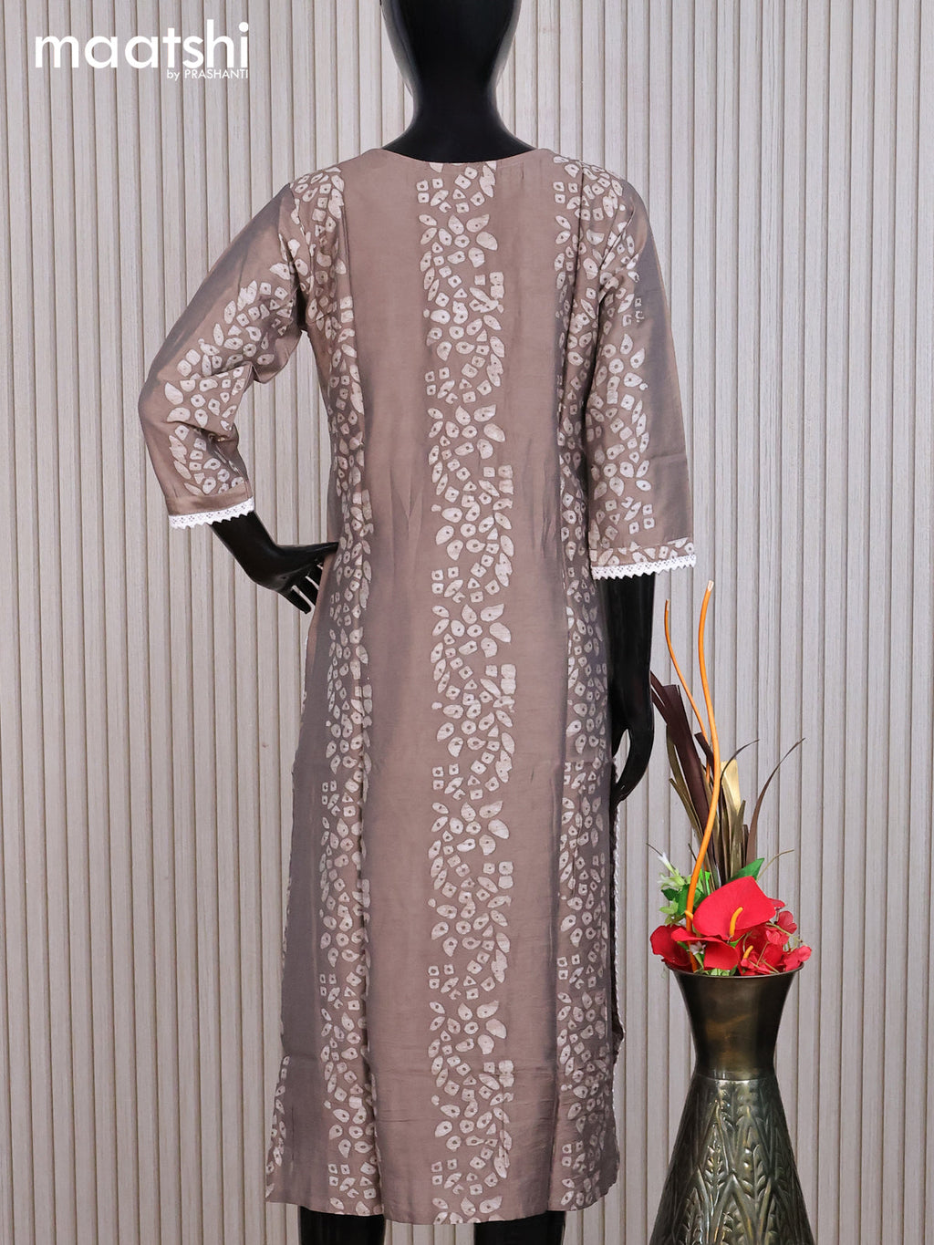 Chanderi readymade kurti brown shade and off white with allover batik prints & embroidery mirror work neck pattern without pant