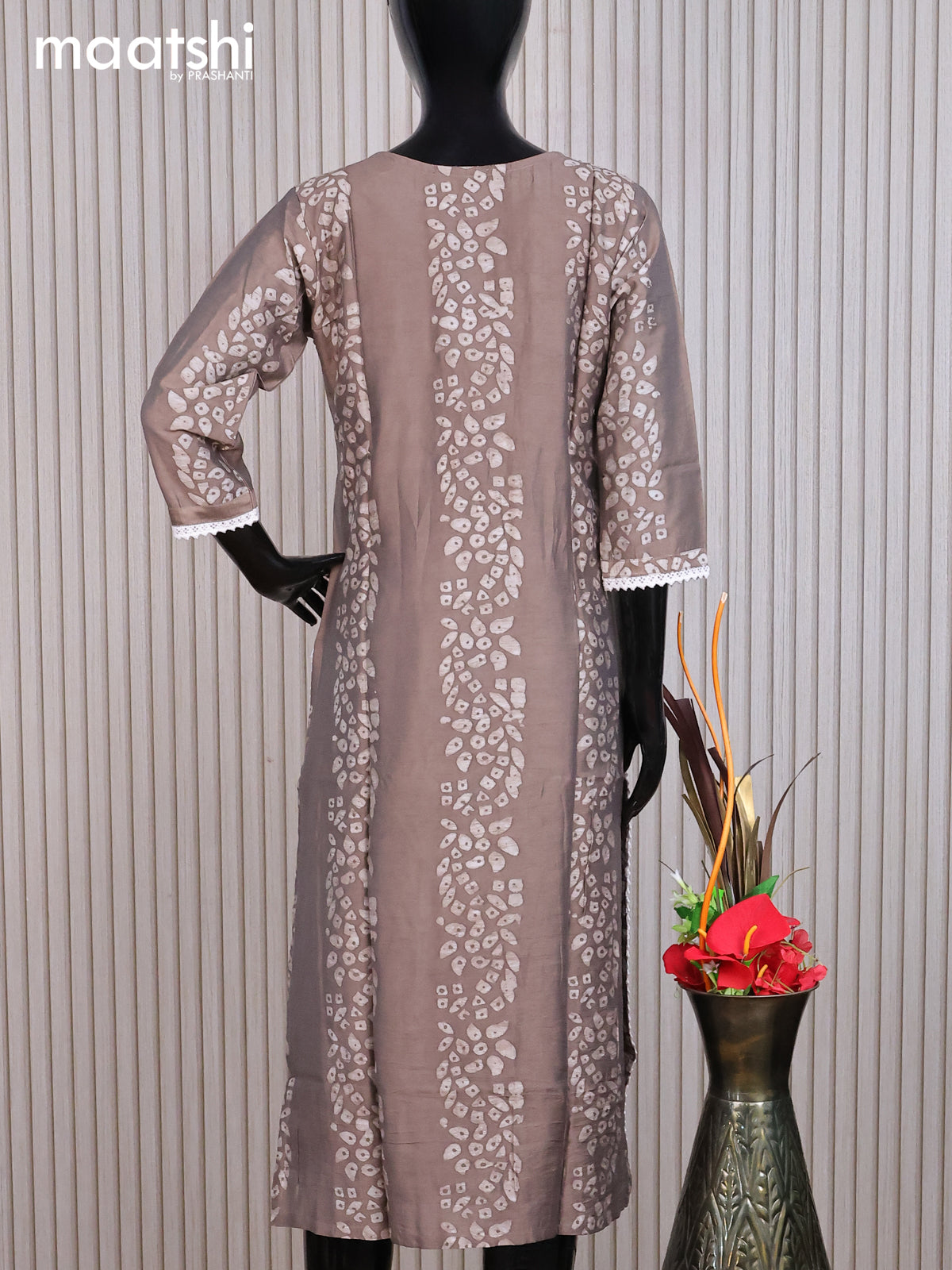 Chanderi readymade kurti brown shade and off white with allover batik prints & embroidery mirror work neck pattern without pant