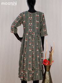 Rayon readymade umbrella kurti beige and bottle green with allover prints & simple neck pattern without pant