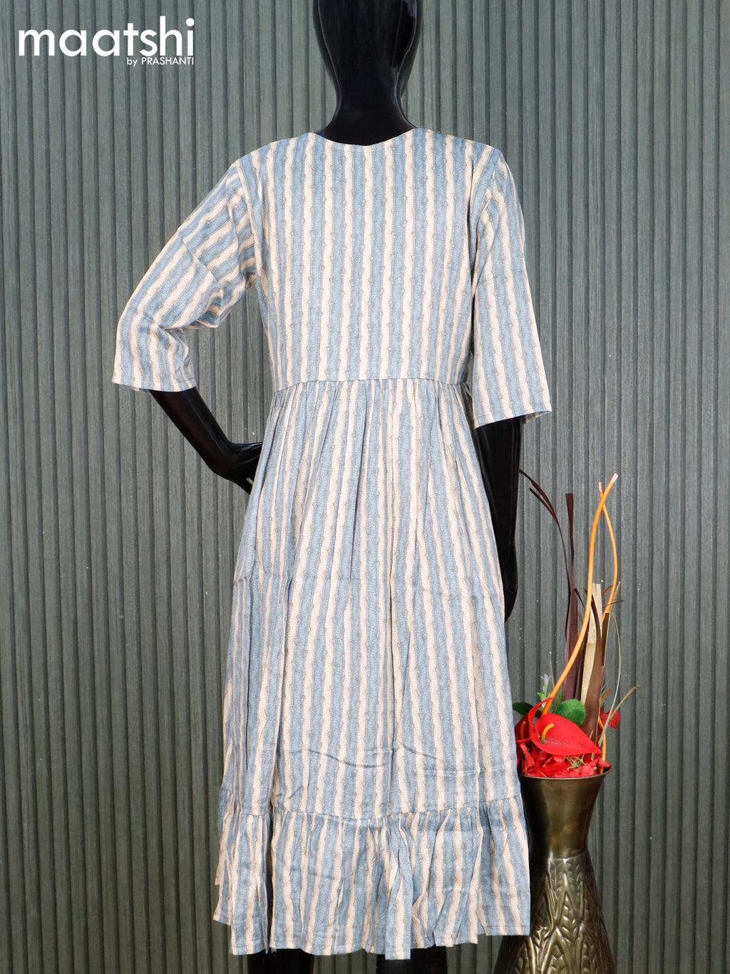 Rayon readymade umbrella kurti beige and bluish grey with allover strips prints & simple neck pattern without pant