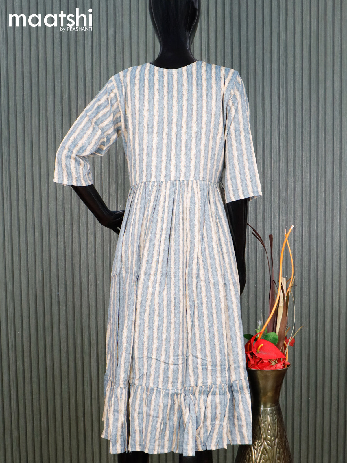 Rayon readymade umbrella kurti beige and bluish grey with allover strips prints & simple neck pattern without pant