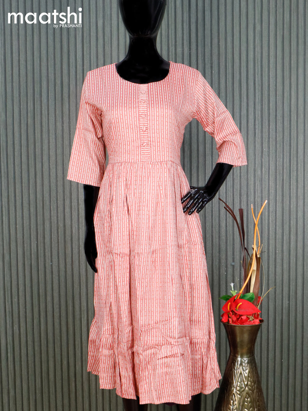 Rayon readymade umbrella kurti red and cream with allover strips prints & simple neck pattern without pant