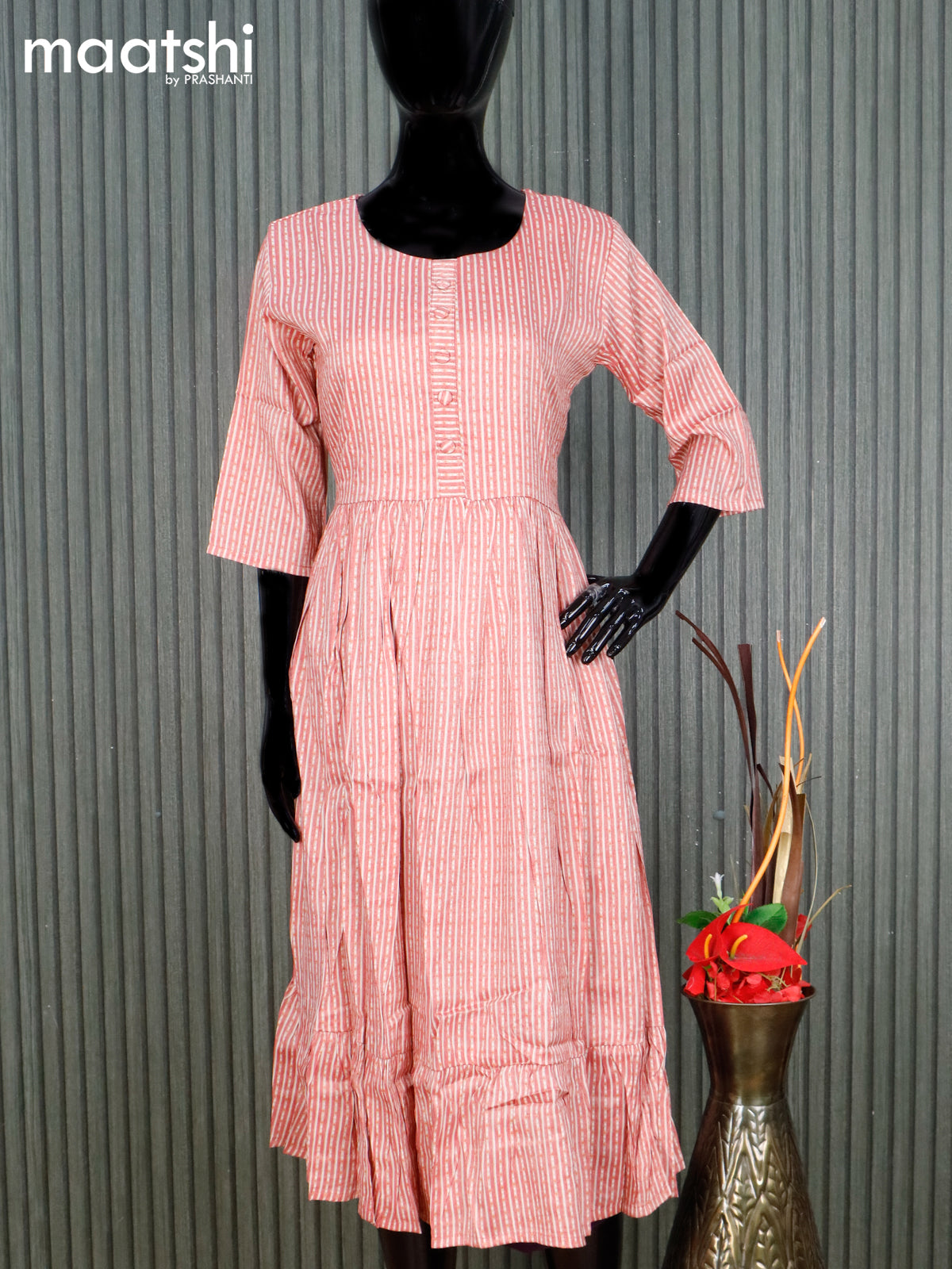 Rayon readymade umbrella kurti red and cream with allover strips prints & simple neck pattern without pant