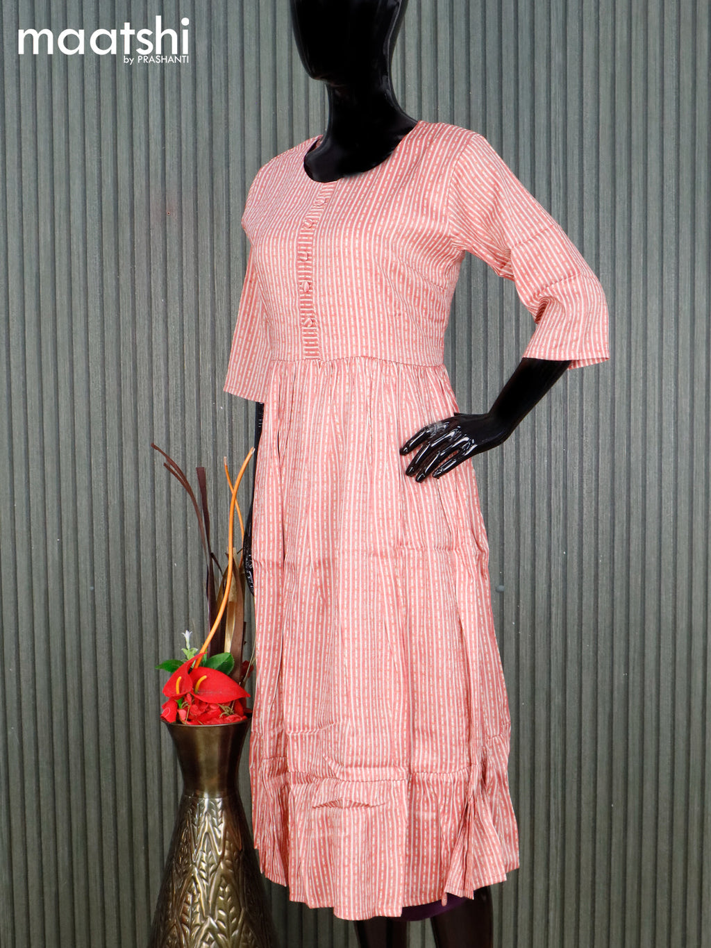 Rayon readymade umbrella kurti red and cream with allover strips prints & simple neck pattern without pant