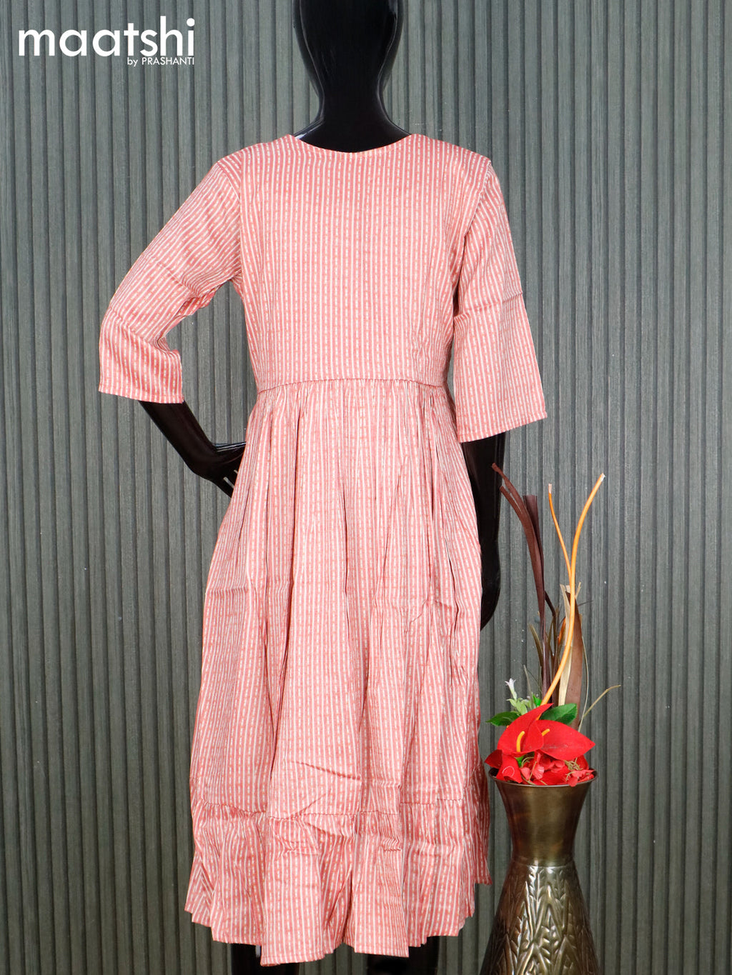 Rayon readymade umbrella kurti red and cream with allover strips prints & simple neck pattern without pant