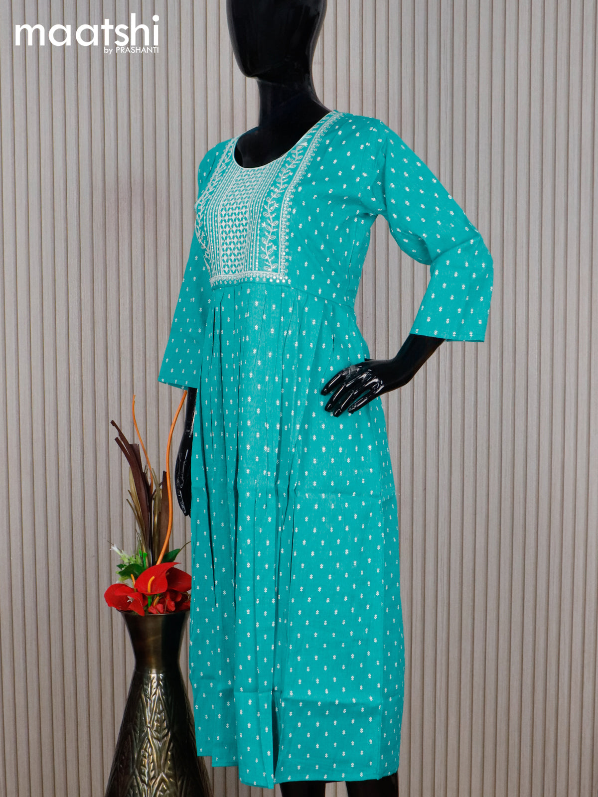 Cotton readymade umbrella kurti teal blue and off white with allover butta prints & embroidery sequin work neck pattern without pant