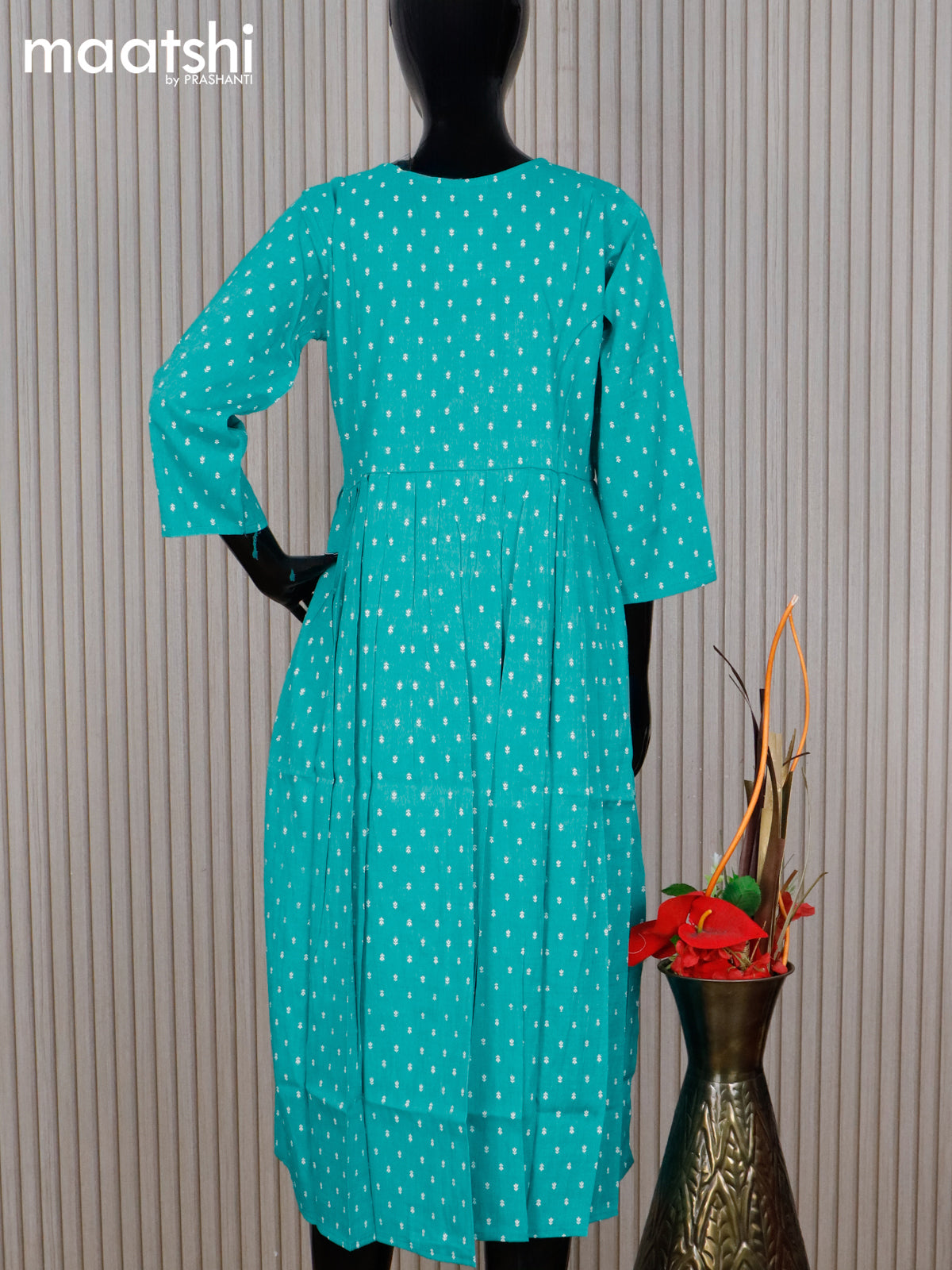 Cotton readymade umbrella kurti teal blue and off white with allover butta prints & embroidery sequin work neck pattern without pant