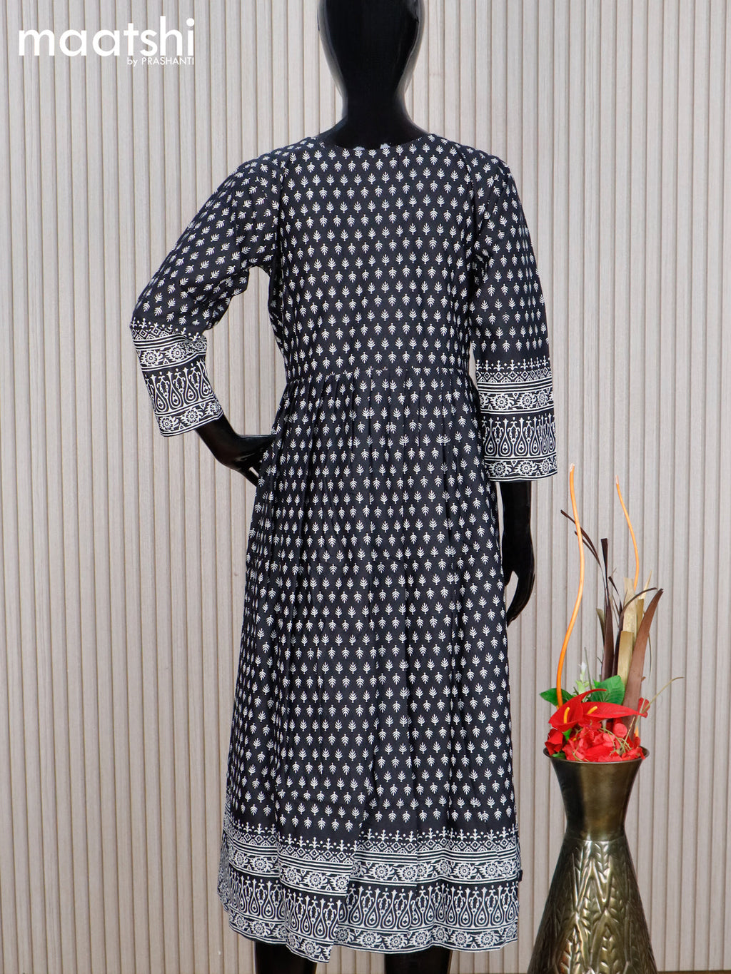 Cotton readymade umbrella kurti black and off white with allover butta prints & embroidery sequin work neck pattern without pant